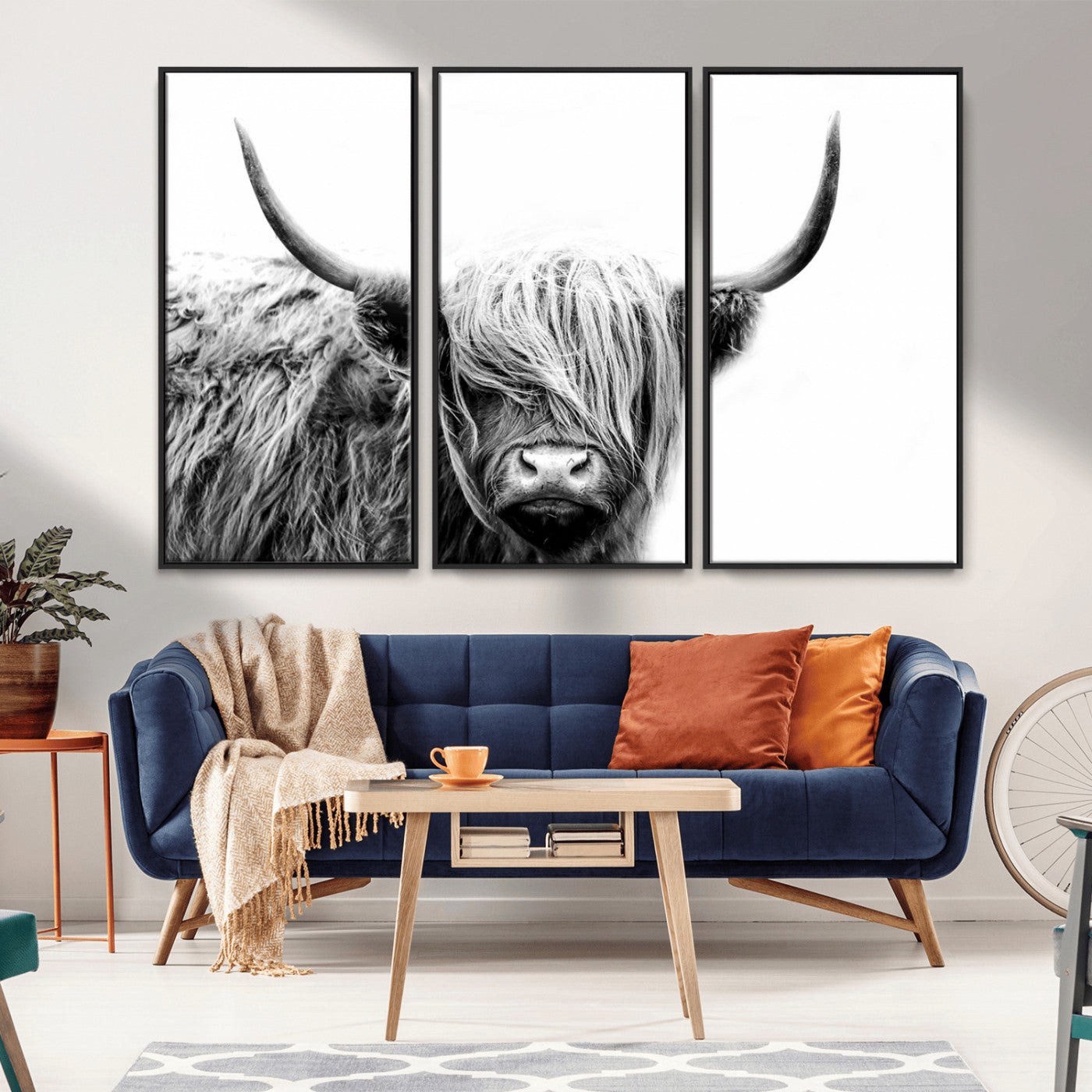 MGV-FC-48X32-3P - Black White Scottish Highland Cow Cattle Art Print Farmhouse Wall Art Canvas Print