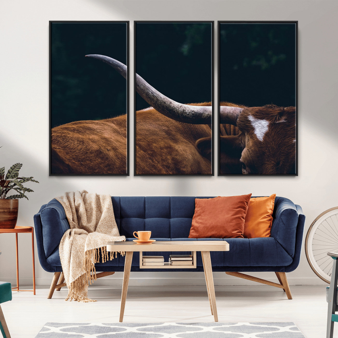 MGV-FC-48X32-3P - Texas Longhorn Bull Wall Art Canvas Print - Large Framed Canvas Wall Art, Animal Print for Rustic Home or Office Décor, Farmhouse Cabin Wall Decor