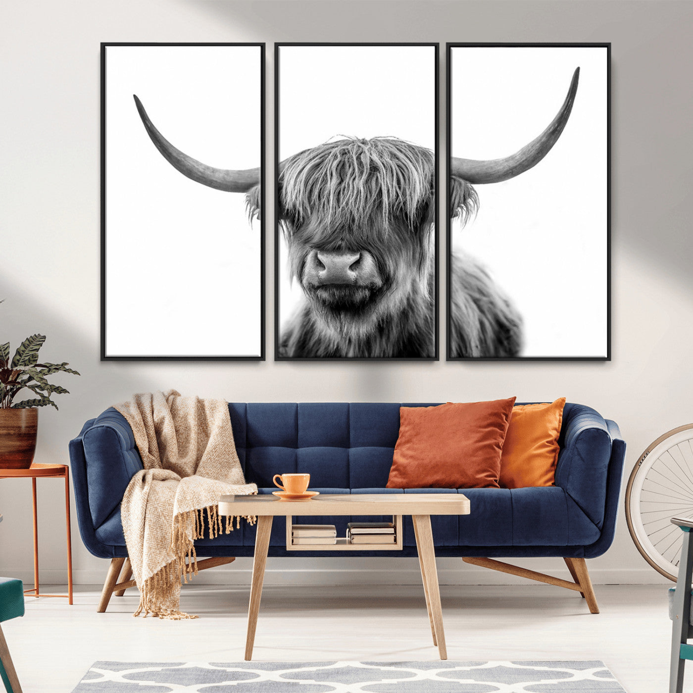 MGV-FC-48X32-3P - Grayscale Scottish Highland Cow Cattle Art Print Farmhouse Wall Art Canvas Print