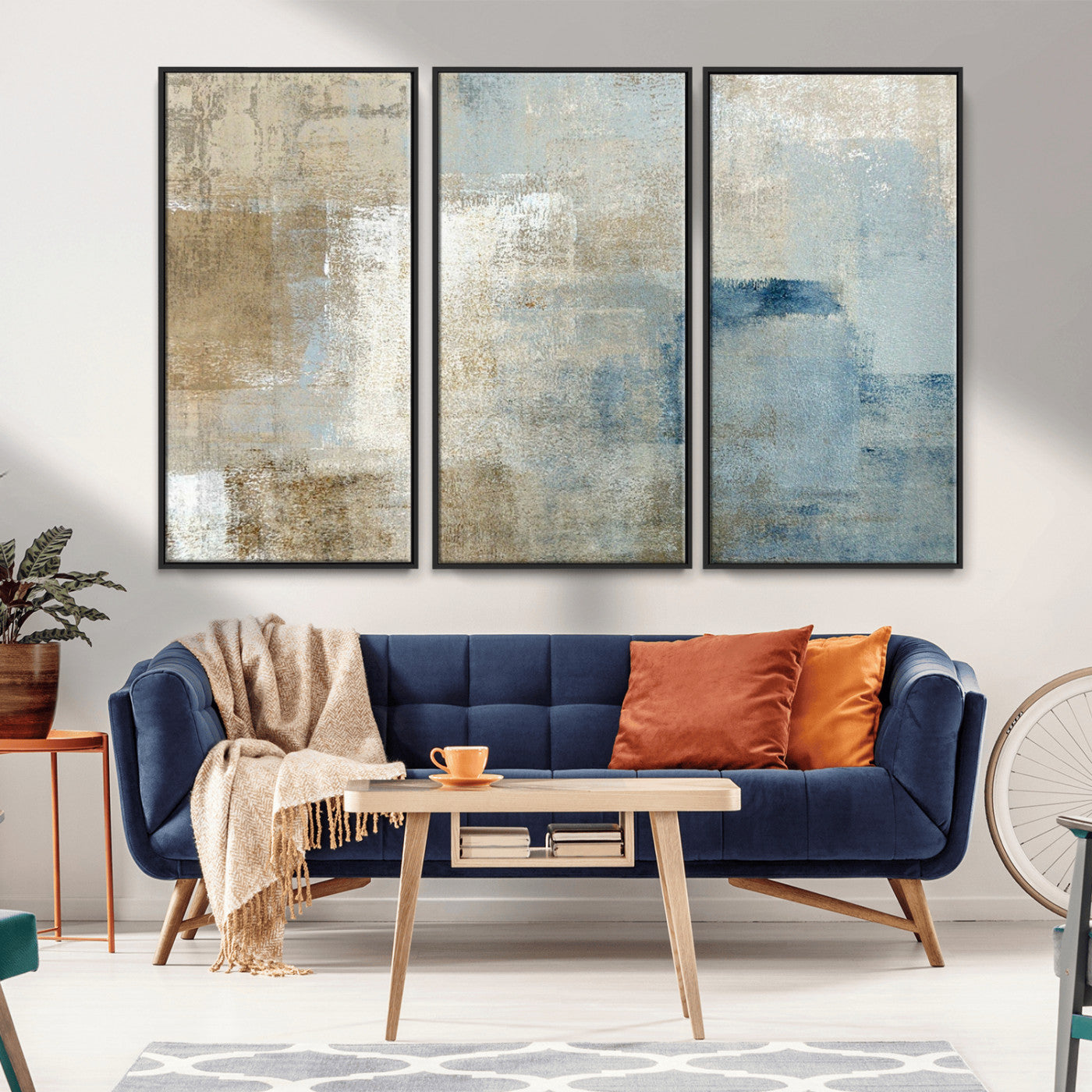 MGV-FC-48X32-3P - Abstract Blue and Beige Wall Art, Modern Minimalist Canvas Print Set, Giclee Textured Art, Large Multi-Panel Artwork for Living Room