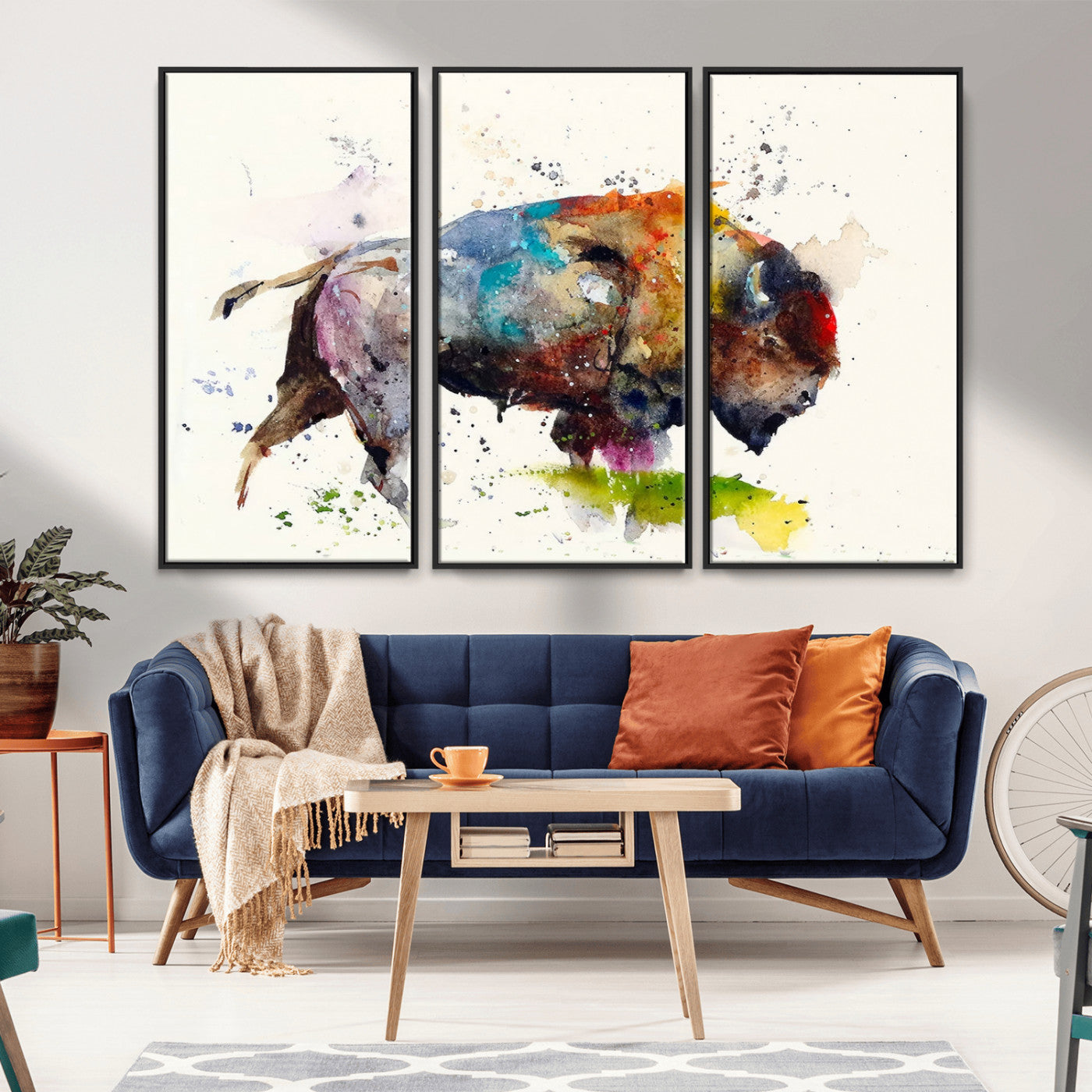 MGV-FC-48X32-3P - Abstract Buffalo Wall Art, Western Watercolor Bison Canvas Print, Rustic Buffalo Art for Cowboy and Western Decor, Large Multi-Panel Giclee Canvas