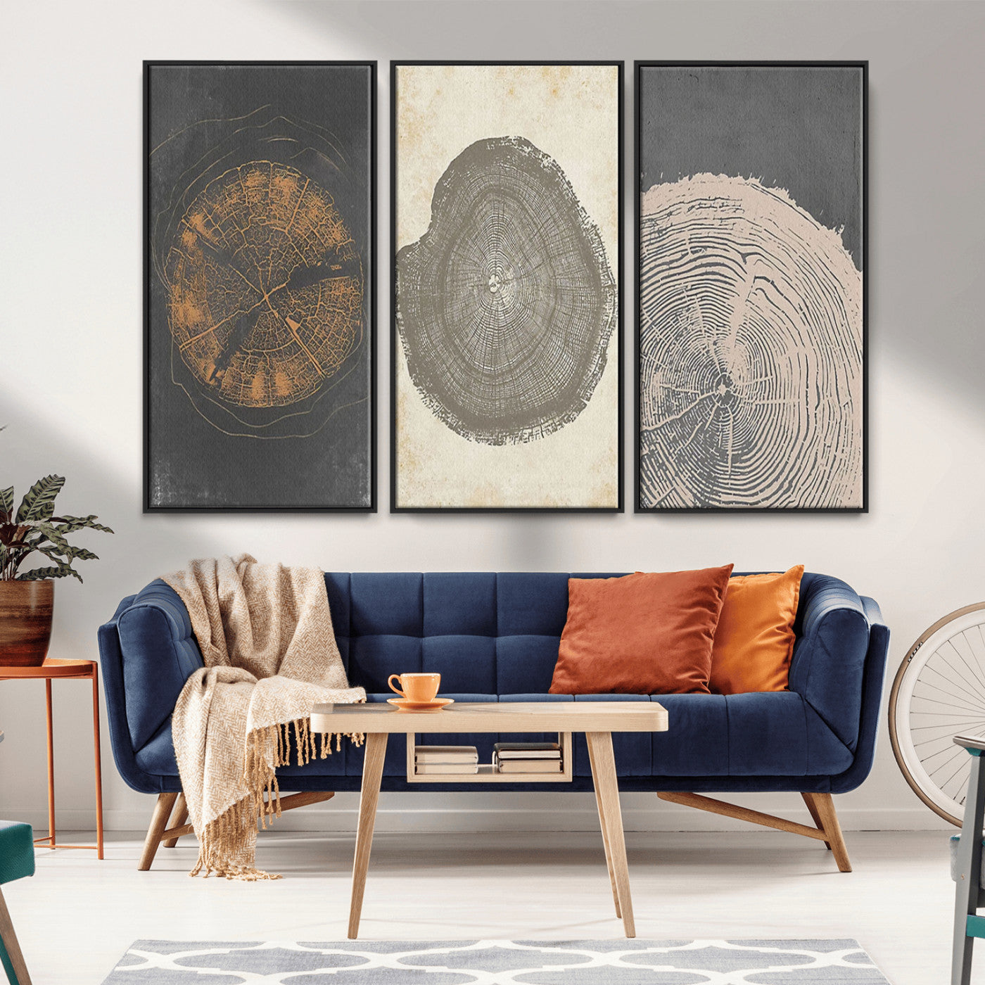 MGV-FC-48X32-3P - Boho Tree Ring Wall Art, Modern Minimalist Wood Grain Canvas, Tree Slice for Rustic Decor, Farmhouse Decor Giclee Canvas Print, Tree Ring Canvas Set