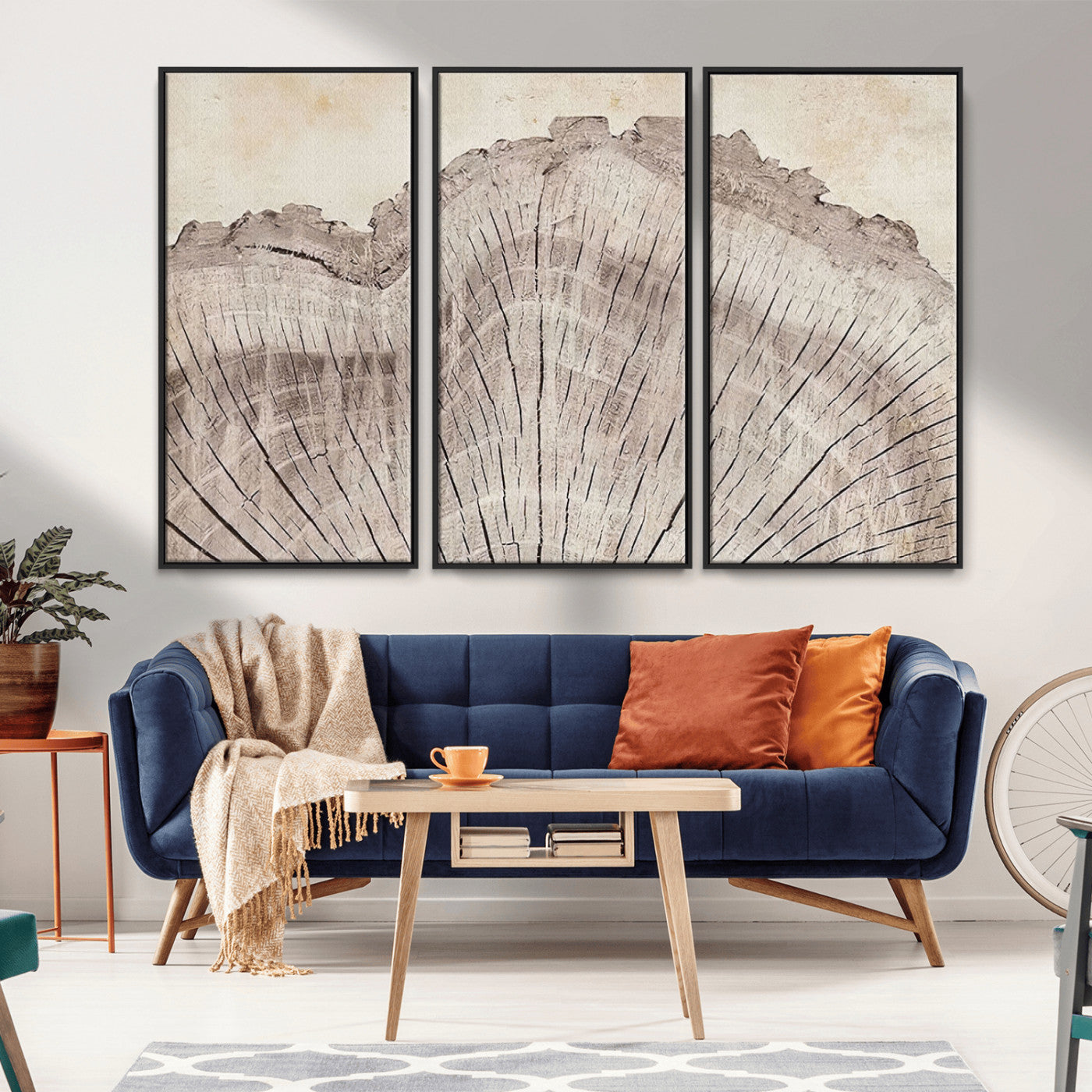 MGV-FC-48X32-3P - Tree Ring Wall Art Triptych, Rustic Wood Ring Canvas Print, Minimalist Wall Decor for Modern Homes and Farmhouse Decor