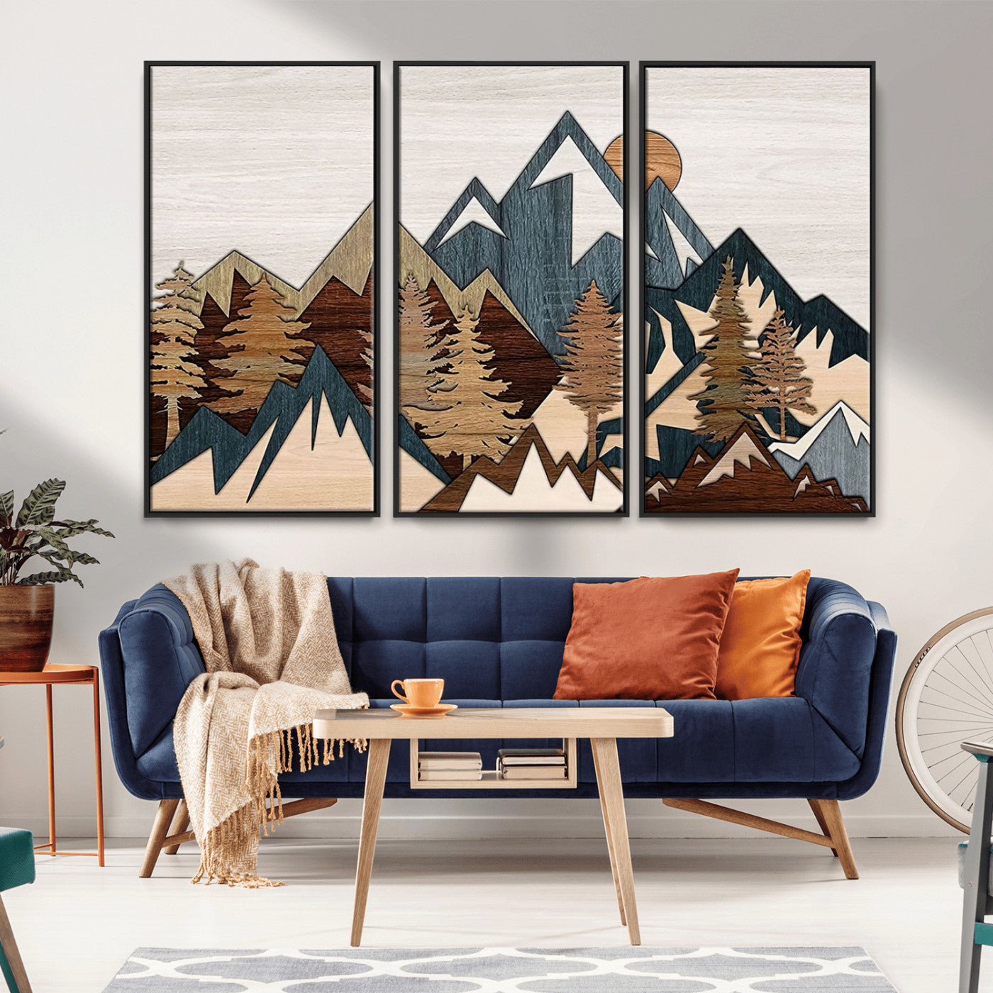MGV-FC-48X32-3P - Rustic Abstract Wood Panel Effect Canvas Mountain Range Top Wood Wall Art Canvas Print