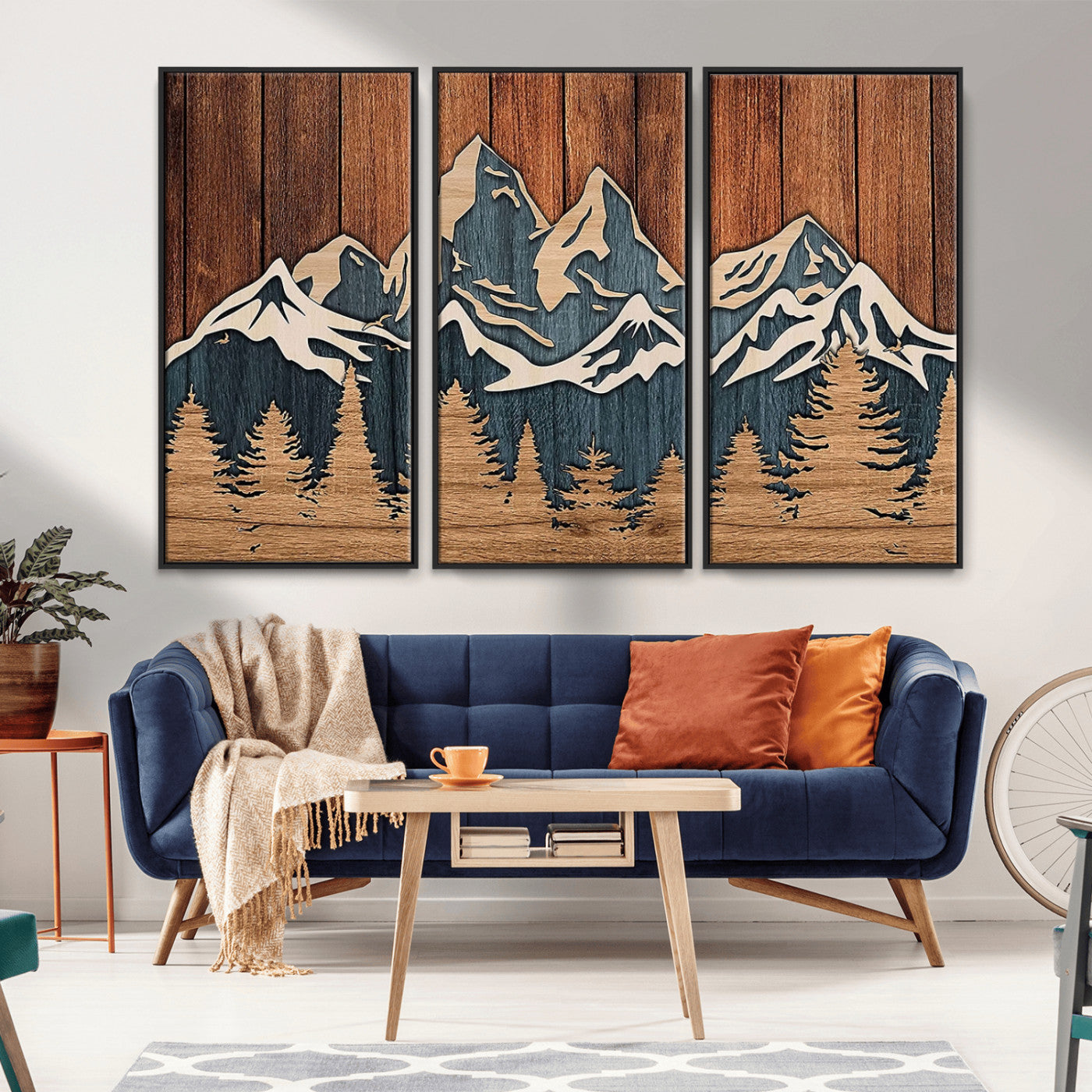 MGV-FC-48X32-3P - Rustic Wood Style Mountain Wall Art, Nature Forest Canvas Print, Wooden Textured Mountain Artwork, Handcrafted Landscape Decor for Farmhouse Decor