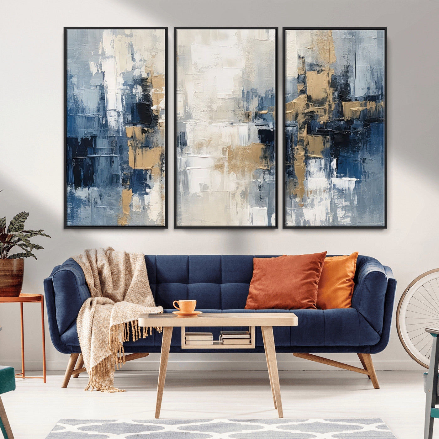 -Modern Abstract Canvas Wall Art in Blue and Gold Tones | Large Contemporary Art for Living Room,