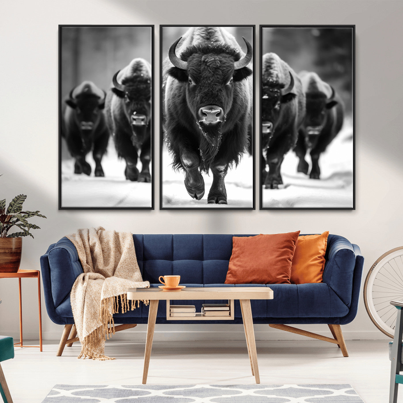 MGV-FC-48X32-3P - American Bison Art | Buffalo Herd Wall Art Canvas Print, BW American Bison Herd Wall Art Canvas Print