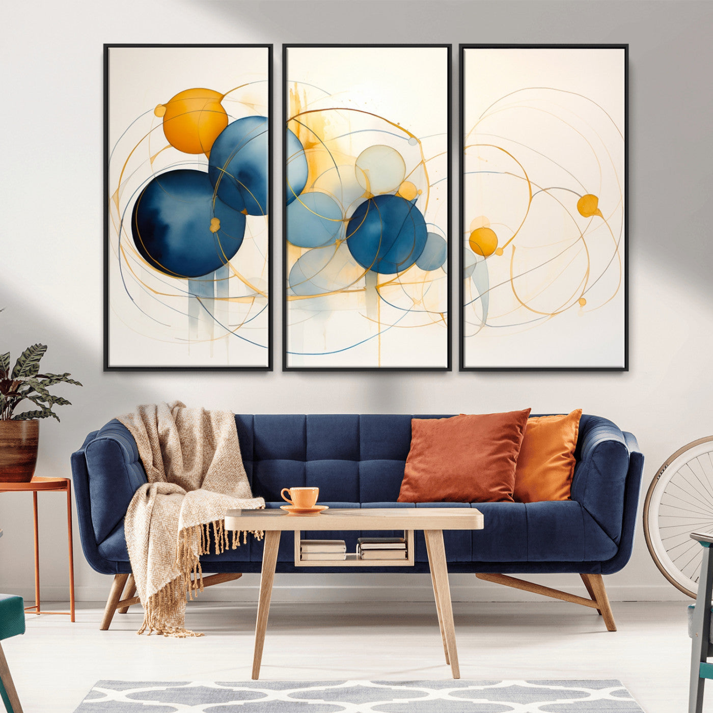 -Geometric Blue Orange Abstract Wall Art Canvas, Geometric Blue Orange Canvas Print