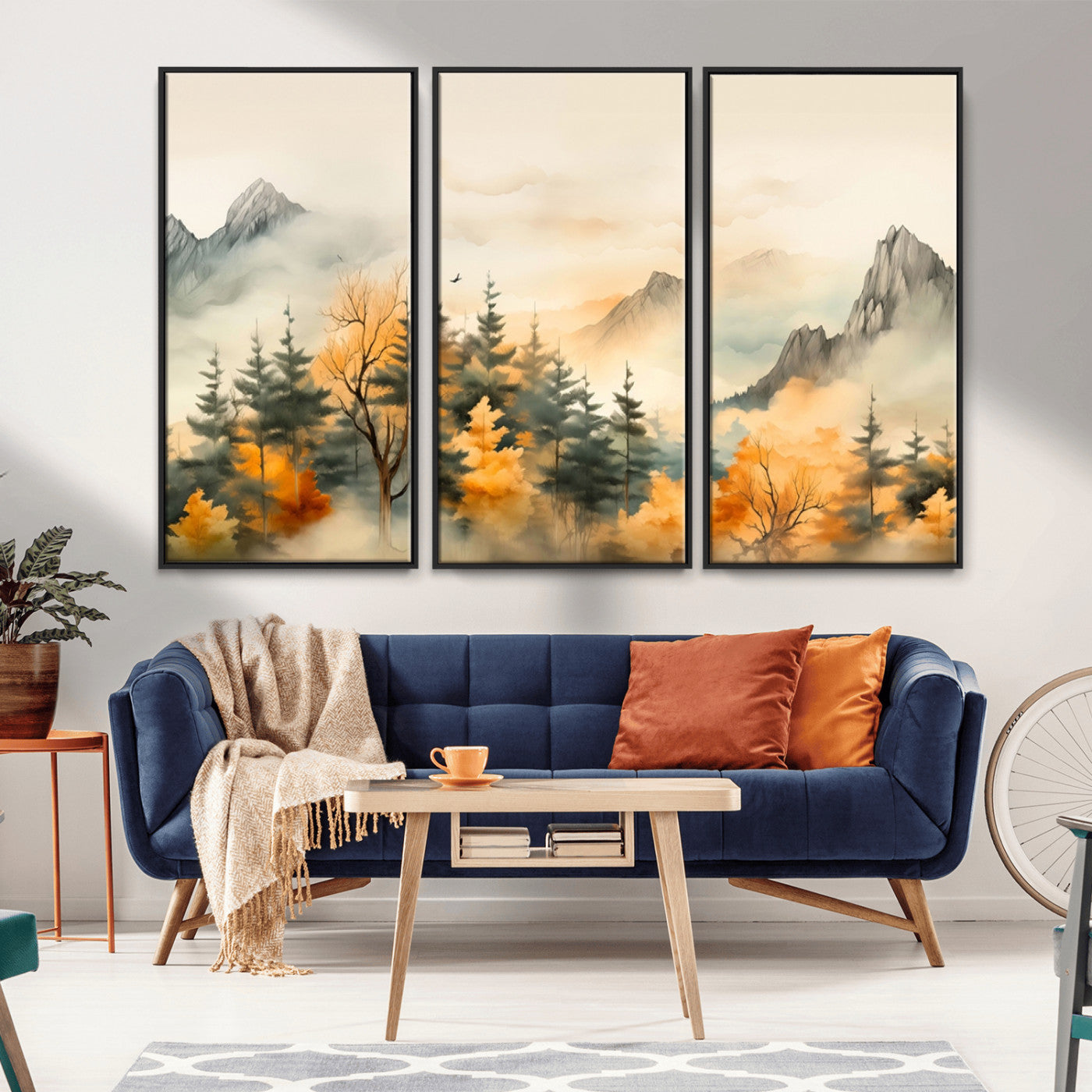 MGV-FC-48X32-3P - Abstract Watercolor Mountains and Trees Autumn Art, Watercolor Mountains and Trees Canvas Print