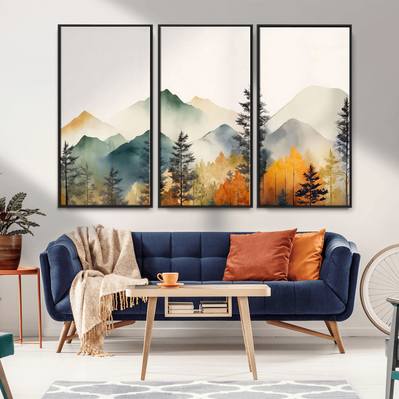 MGV-FC-48X32-3P - Abstract Watercolor Mountains and Trees Autumn Wall Art, Mountains and Trees Autumn Wall Art Canvas