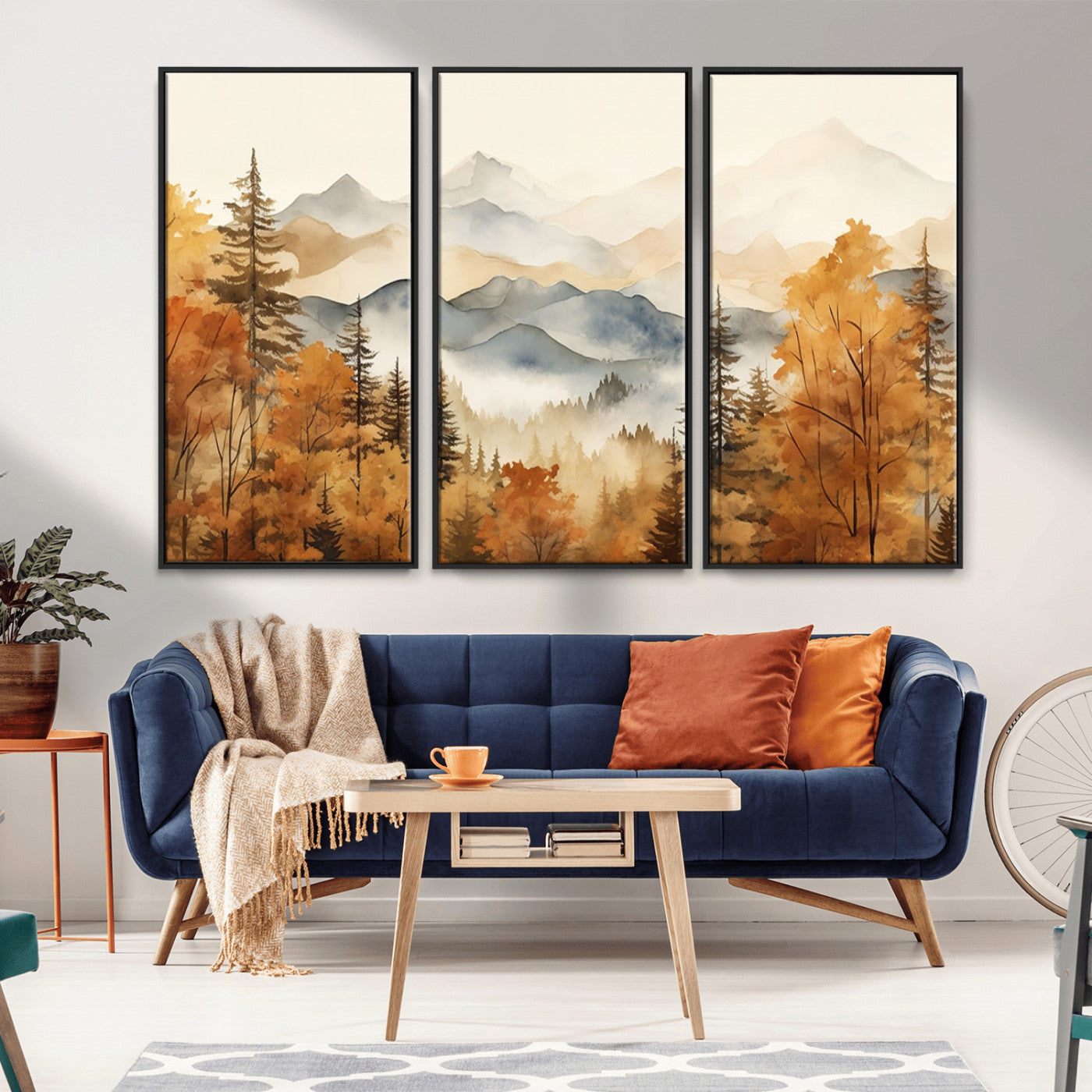 MGV-FC-48X32-3P - Golden Autumn Forest Wall Art | Mountain Landscape Canvas Print for Living Room or Bedroom | Large Wall Decor with Nature-Inspired Design