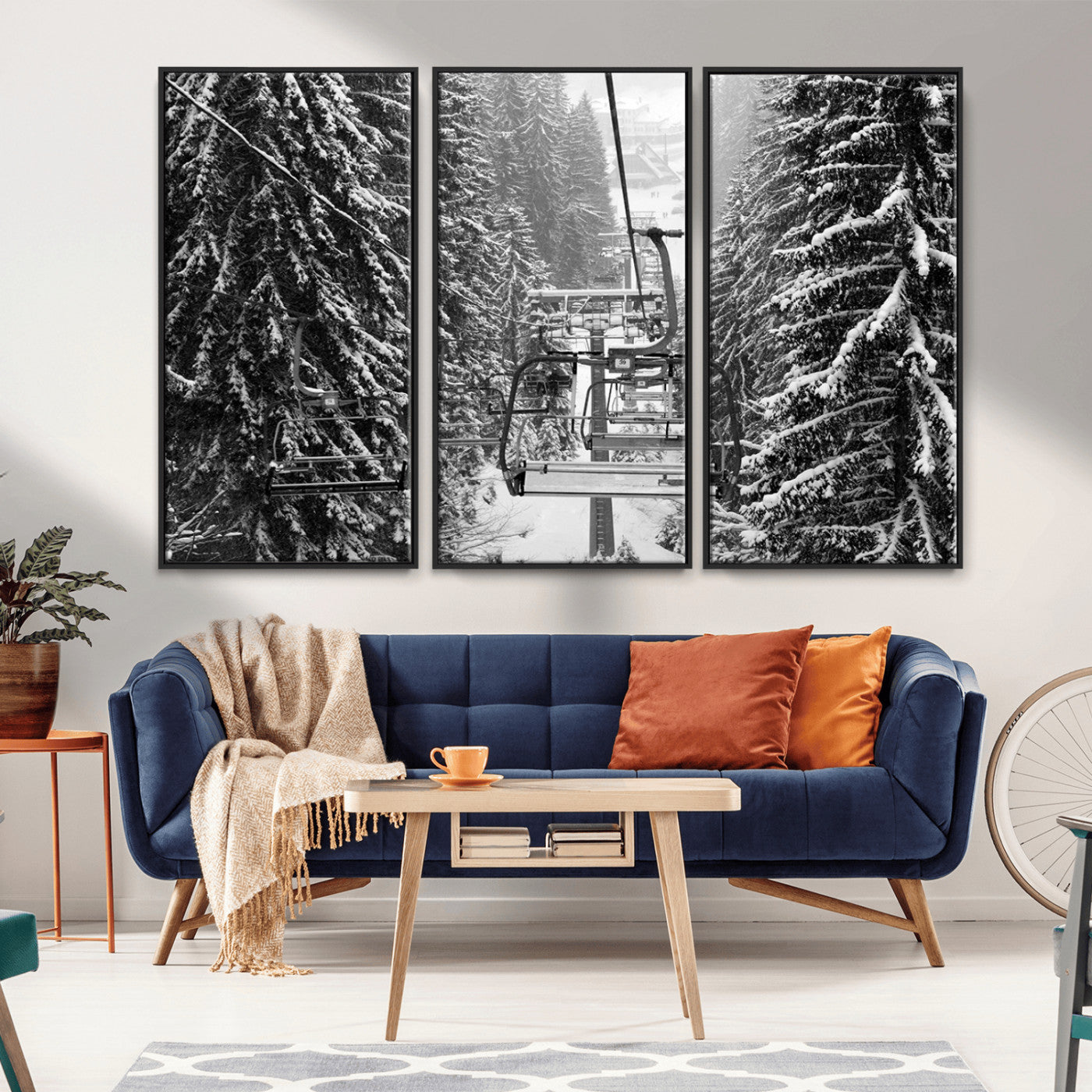MGV-FC-48X32-3P - Winter Ski Lift Black and White Canvas Wall Art – Alpine Escape in Minimalist Style – Ready to Hang