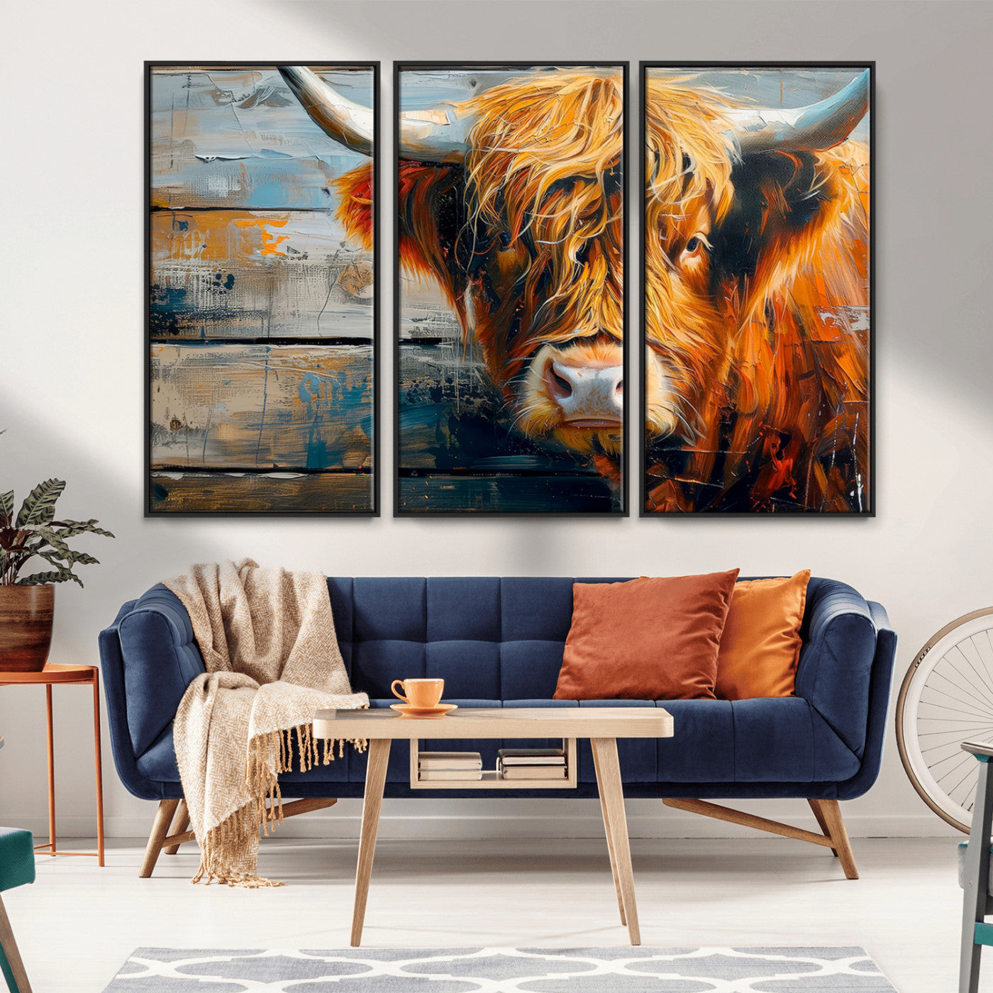 -Highland Cow Abstract Canvas Wall Art – Bold Farmhouse Rustic Decor – Ready to Hang