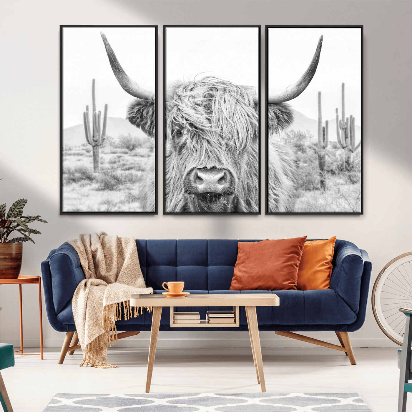 -Rustic Charm | Cow Longhorn Black White Bighorn Wall Art Canvas Print | Farmhouse Wall Art