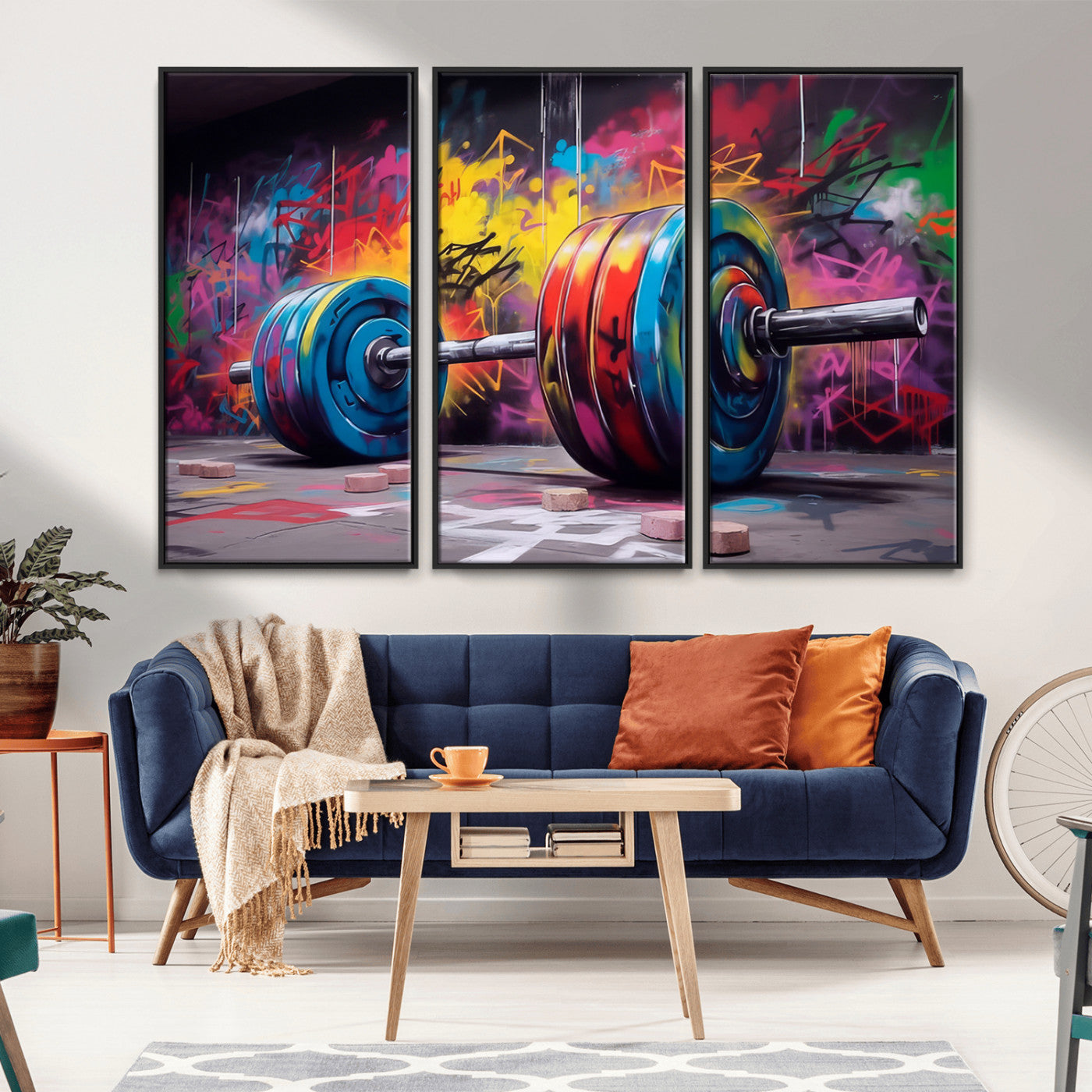 MGV-FC-48X32-3P - Abstract Graffiti Barbell Canvas Wall Art – Urban Fitness Meets Bold Street Art Print - Gym Wall Art Print