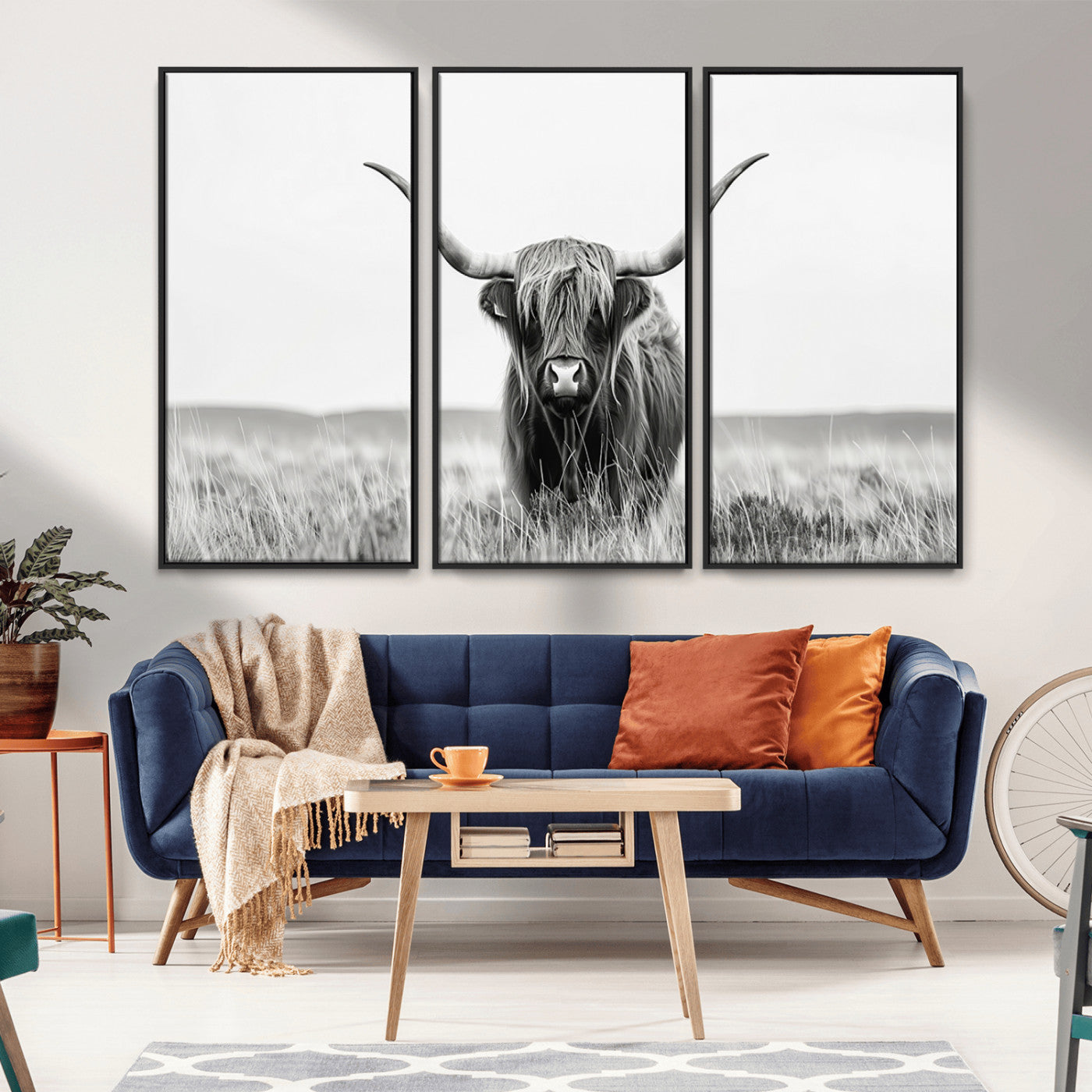 MGV-FC-48X32-3P - Highland Cow Canvas Wall Art – Majestic Beauty in Black and White – Ready to Hang