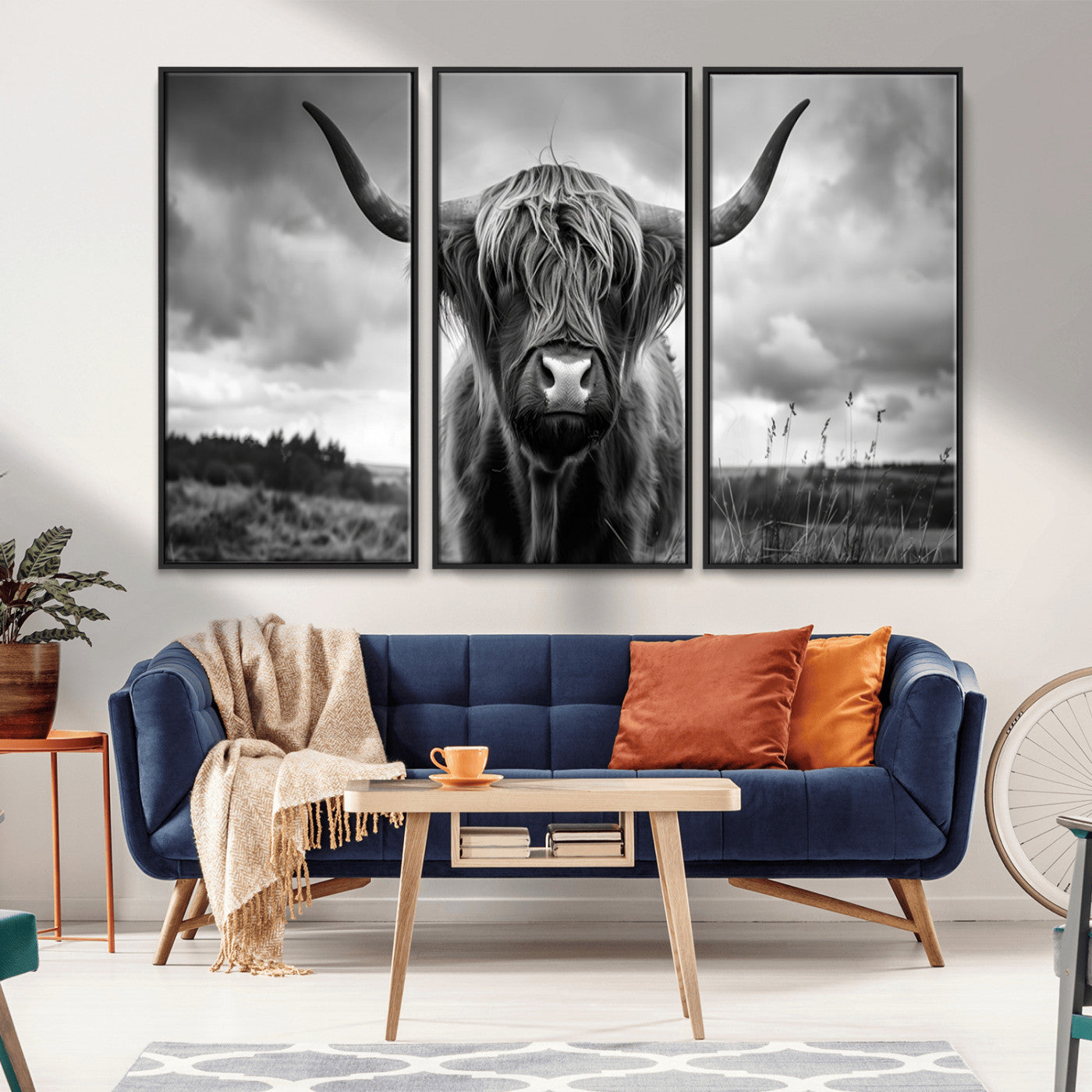 MGV-FC-48X32-3P - Scottish Cow Wall Art Canvas Print | Longhorn Wall Art | Bighorn Animal Wall Art