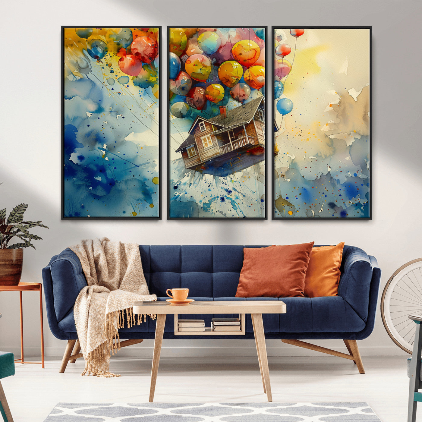 MGV-FC-48X32-3P - UP-Inspired Floating House with Balloons Canvas Art – Colorful 3-Panel Wall Decor for Living Room,