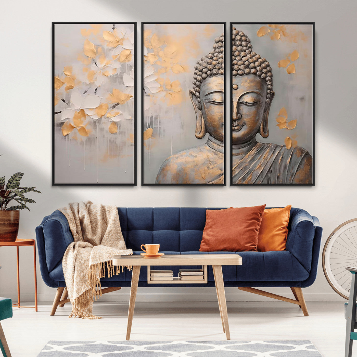MGV-FC-48X32-3P - Abstract Buddha Statue Wall Art Canvas Print - Modern Meditation Decor for Living Room, Office, Yoga Studio Decor