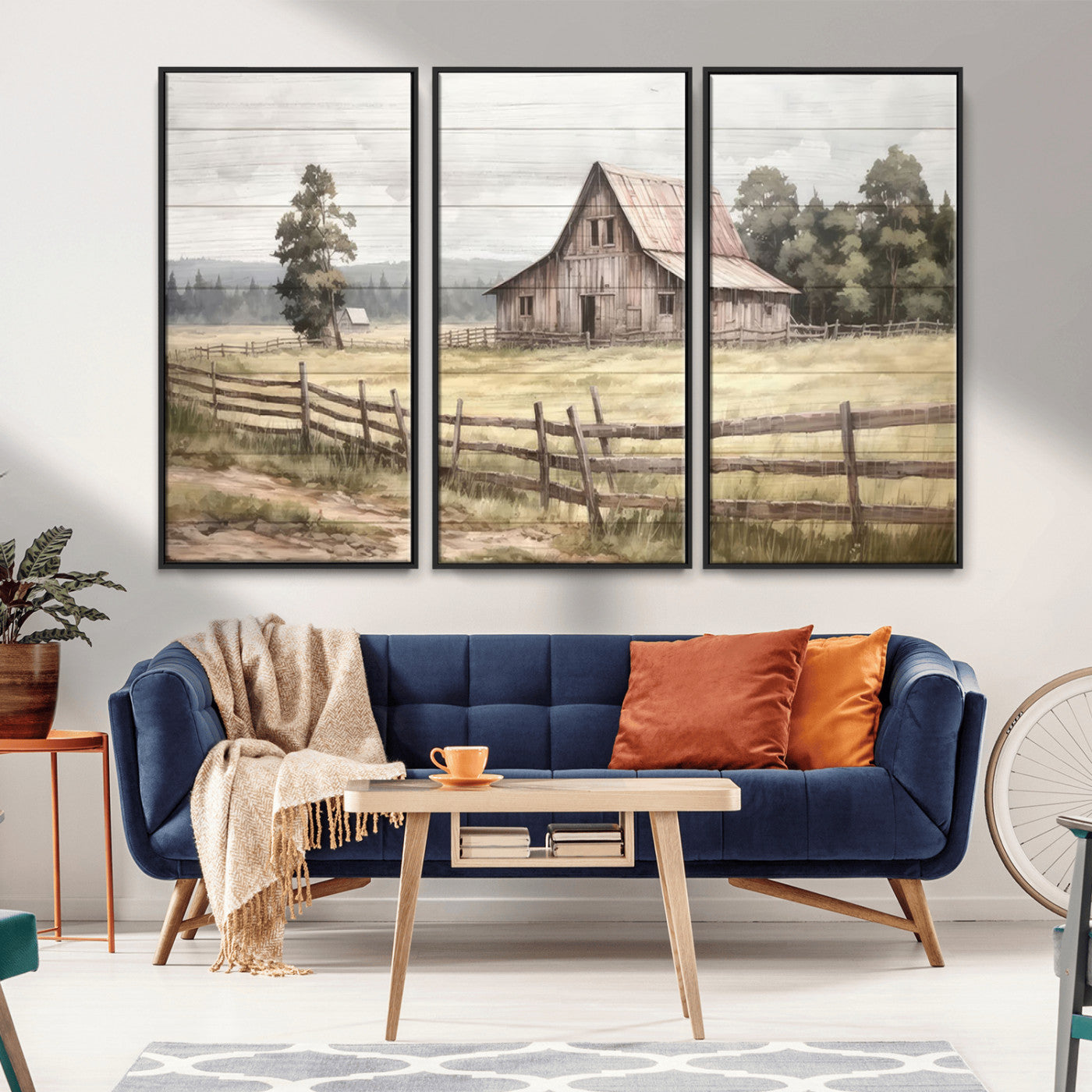MGV-FC-48X32-3P - Rustic Farmhouse Barn Wall Art | 3-Panel Framed Gallery Wrap Giclee Canvas Print for Living Room, Farmhouse, or Office | Country Landscape Wall Art