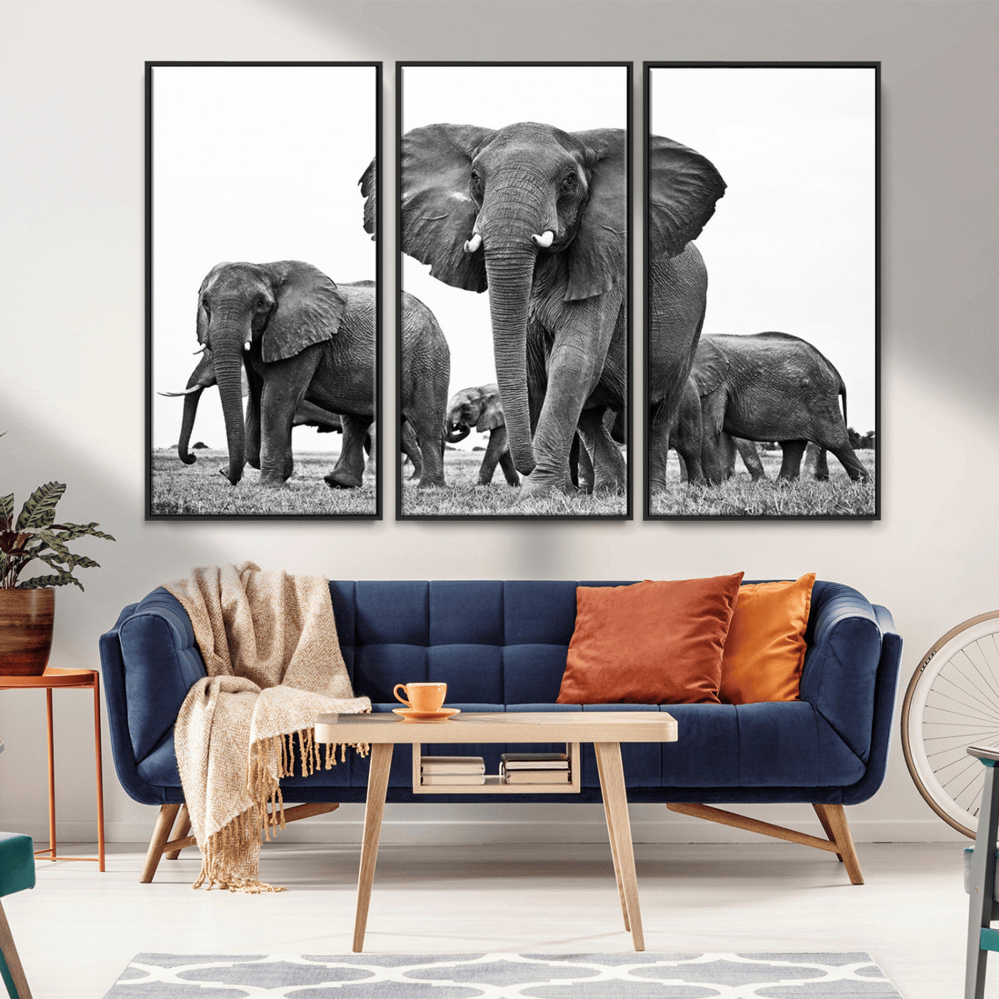 MGV-FC-48X32-3P - Black White Elephant Family Wall Art Canvas Print
