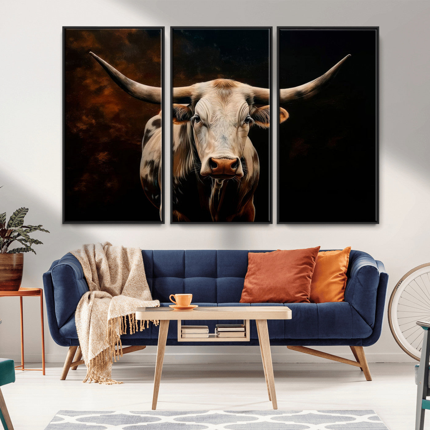 MGV-FC-48X32-3P - Texas Longhorn Wall Art | 3-Panel Large Texas Longhorn Canvas Print for Living Room, Office, or Farmhouse Decor | Framed Giclee Longhorn Wall Art