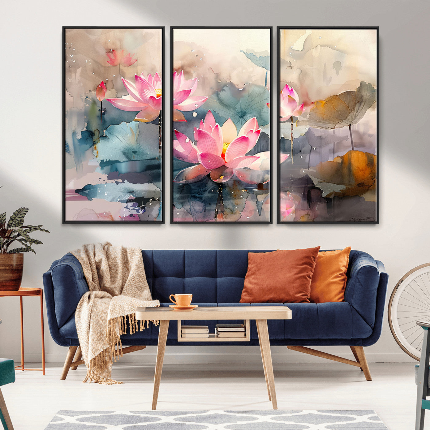 MGV-FC-48X32-3P - Lotus Flower Wall Art | 3-Panel Giclee Canvas Print of Pink Lotus Blossoms for Living Room, Bedroom, Office | Framed Lotus Floral Wall Art Decor Print