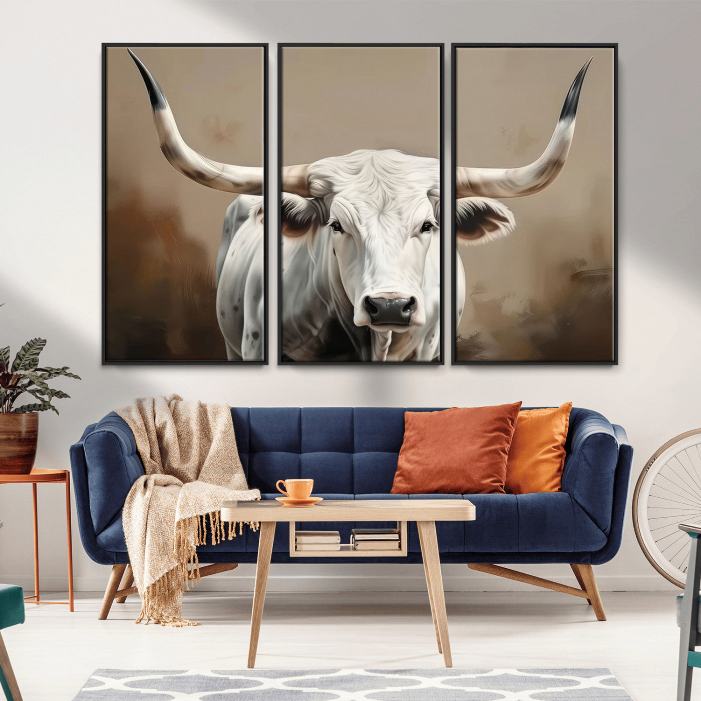 -White Longhorn Bull Wall Art Canvas Print – Framed and Ready to Hang – Perfect for Farmhouse and