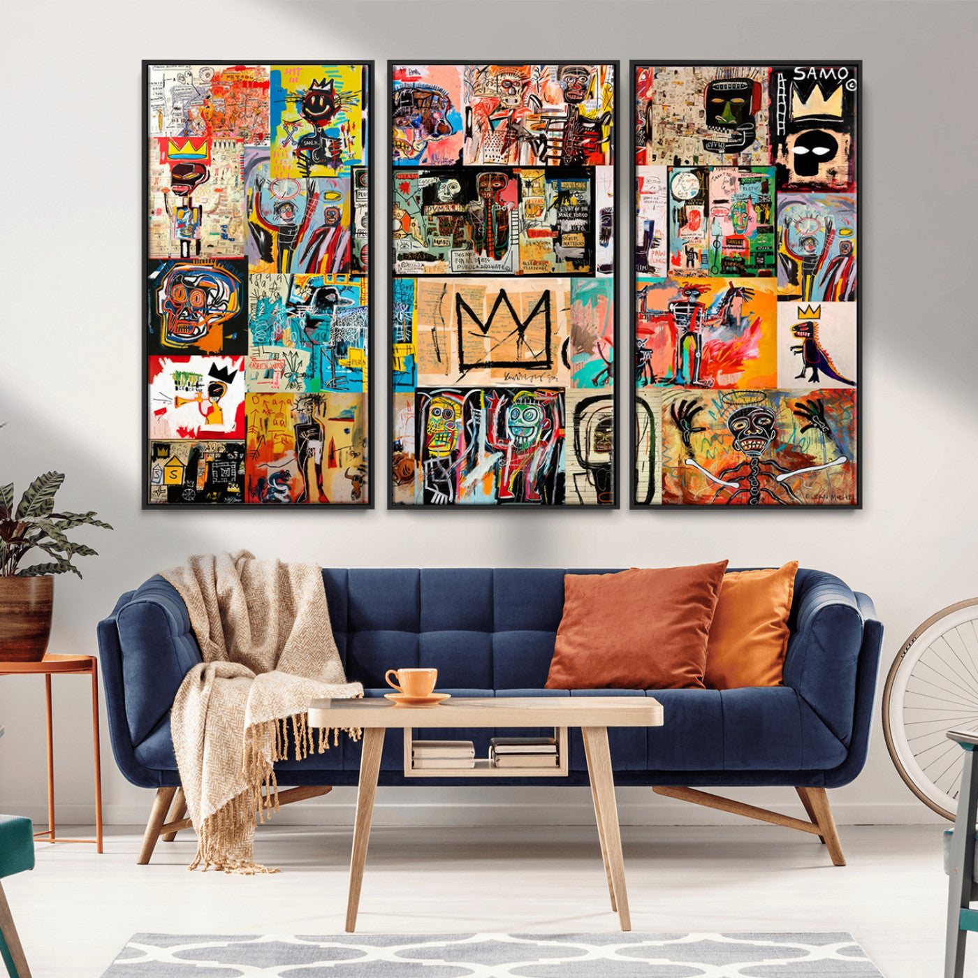 MGV-FC-48X32-3P - Basquiat Art Collage Wall Art Canvas Print – Framed, Ready to Hang, Urban Graffiti Style