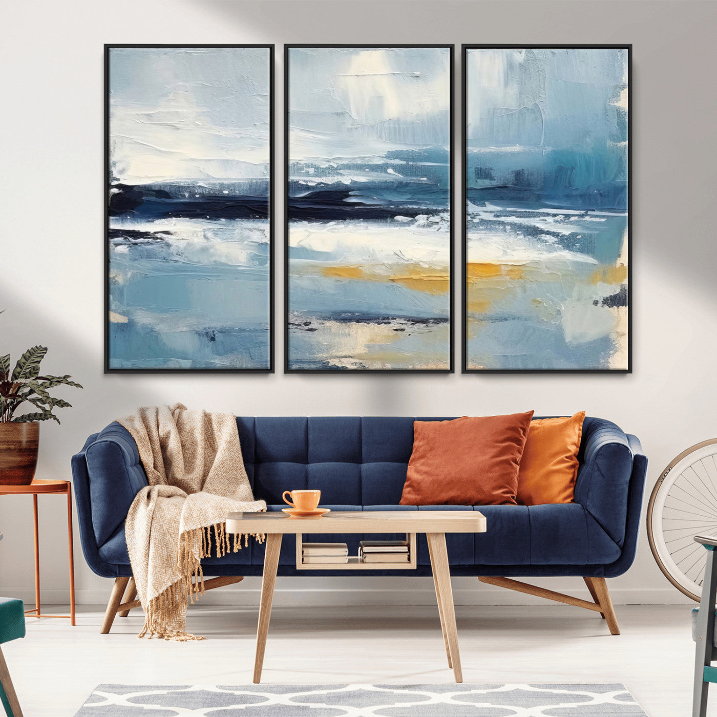 MGV-FC-48X32-3P - Abstract Ocean Canvas Wall Art - Coastal Blue and Gold Textured Painting, Modern Seascape Decor for Living Room Decor