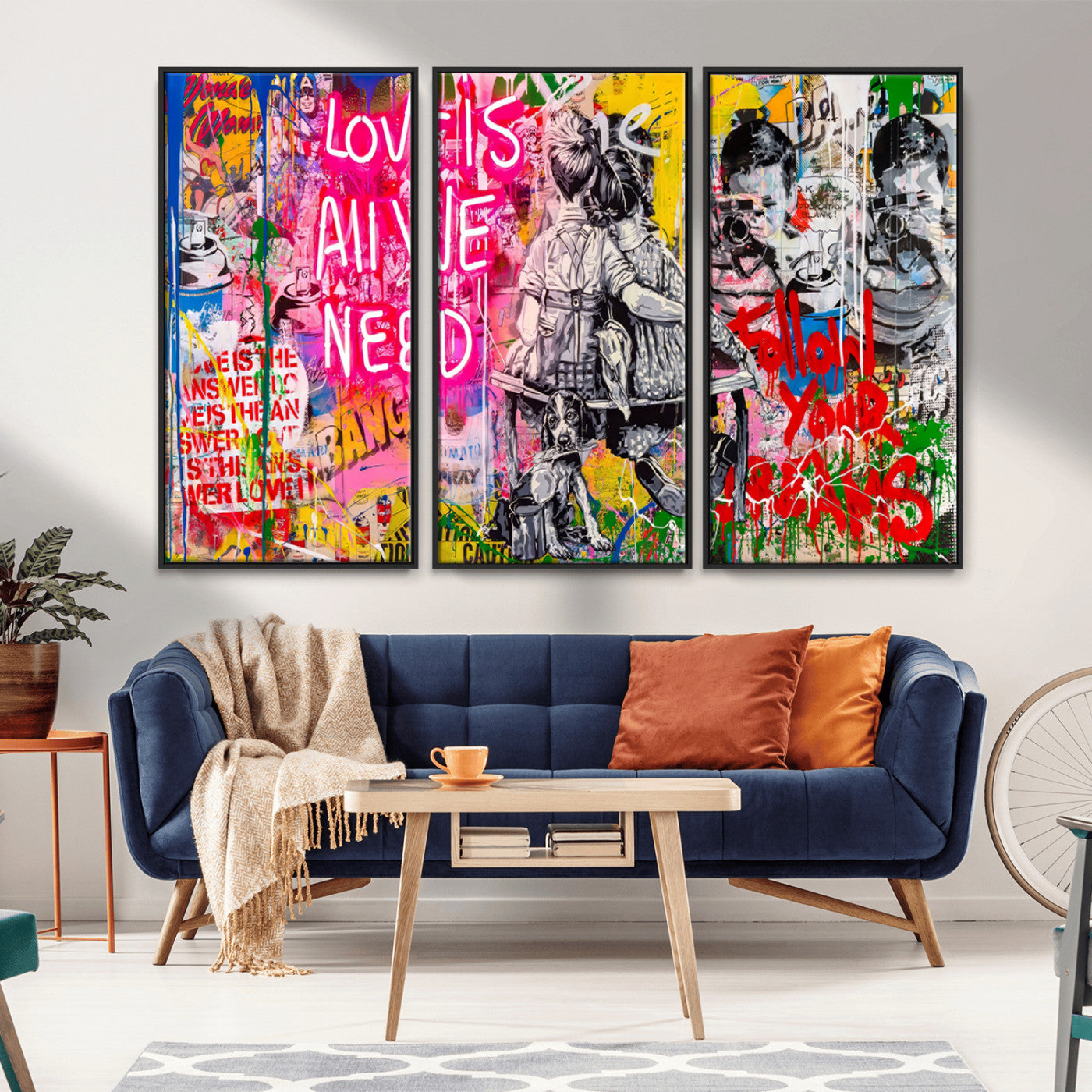 MGV-FC-48X32-3P - Follow Your Dreams & Love is All We Need Graffiti Street Art Triptych | 3-Panel Colorful Urban Wall Art for Living Room, Office, Loft Graffiti Wall Art Print