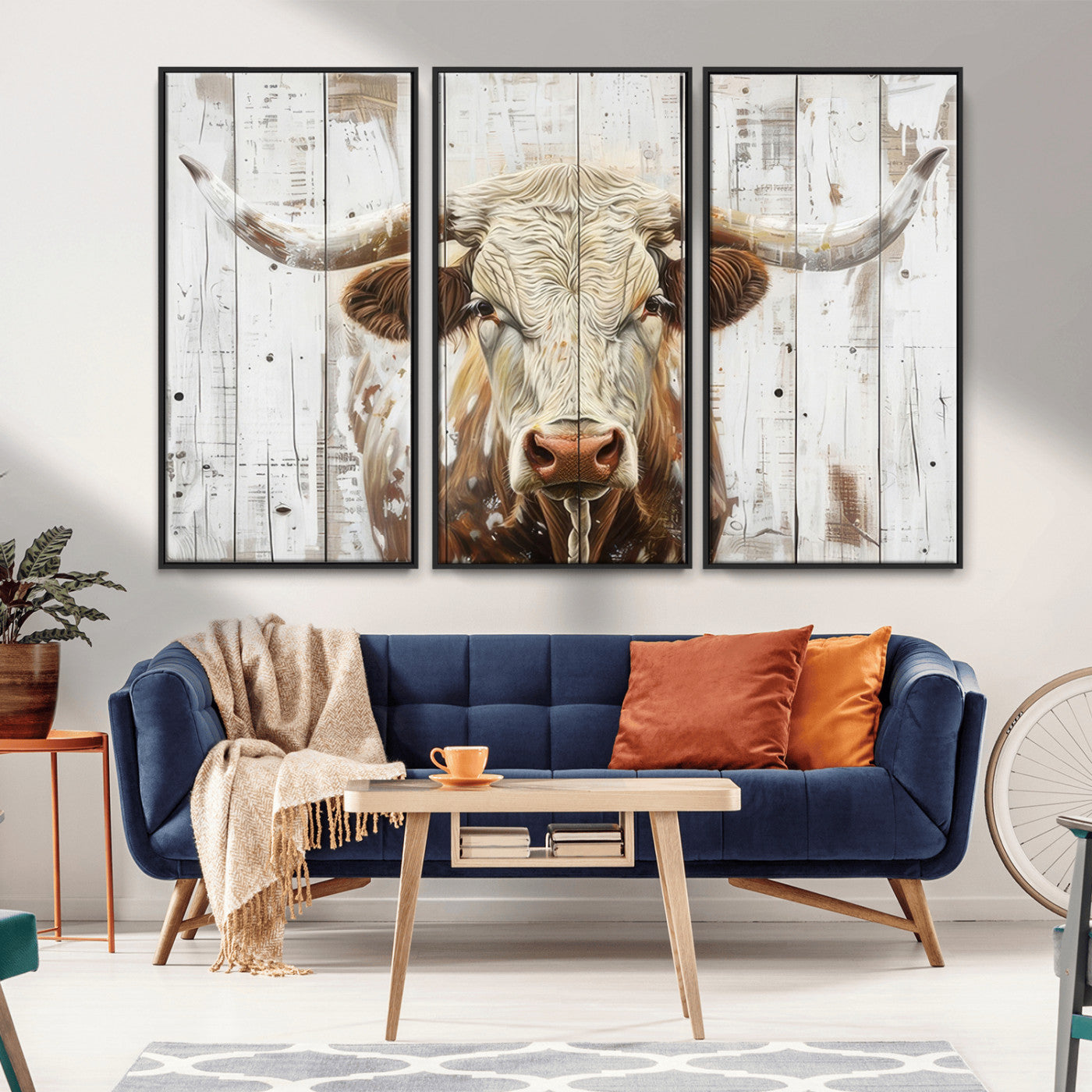 71551-MGV-FC-48X32-3P_Black-Rustic Longhorn Bull Wall Art Canvas Set – Western-Inspired Farmhouse Décor - Ready to Hang