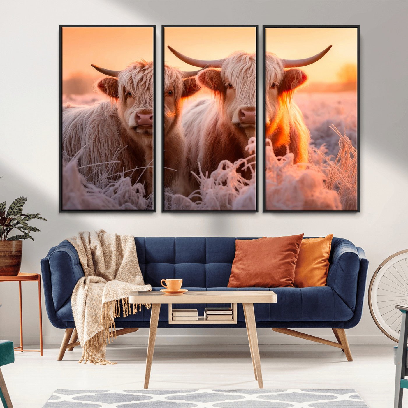 -Highland Cows at Sunrise Wall Art Canvas Set – Serene and Rustic Farmhouse Decor