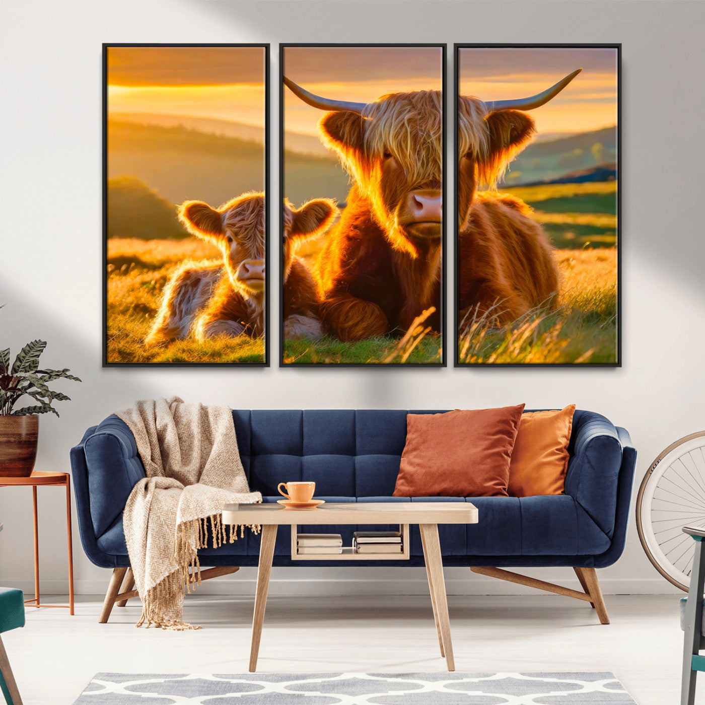 -Scottish Cow and Baby Cow Canvas Wall Art Animal Print Fluffy Cattle Framed Farmhouse Decor