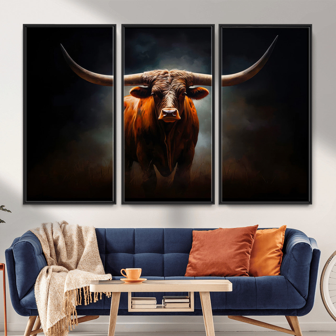 48896-MGV-CV-36X24 - Abstract Texas Longhorn Wall Art Print | 3-Panel Large Texas Longhorn Canvas Print for Living Room,