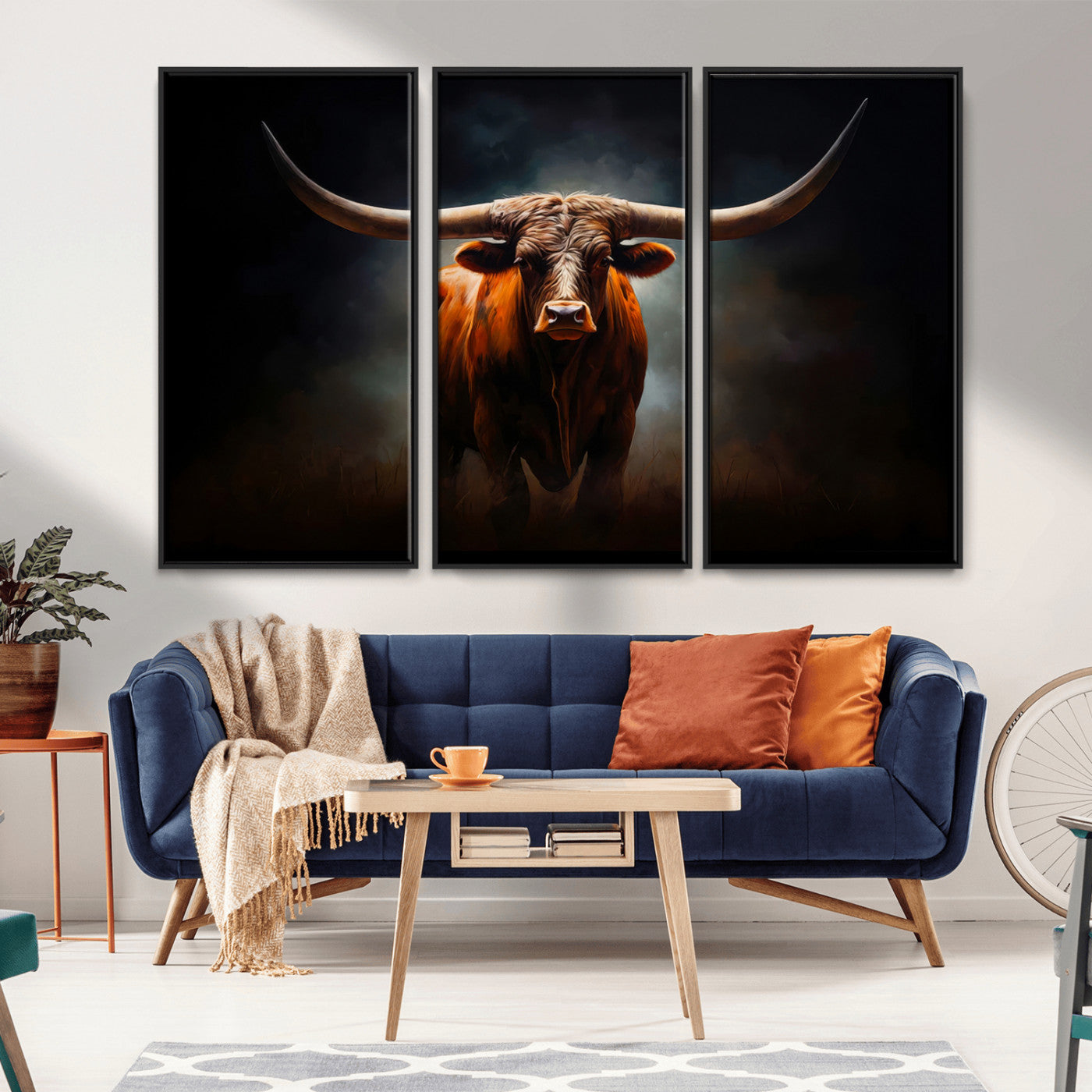 MGV-FC-48X32-3P - Abstract Texas Longhorn Wall Art Print | 3-Panel Large Texas Longhorn Canvas Print for Living Room, Office  Farmhouse Decor | Framed Longhorn Wall Art