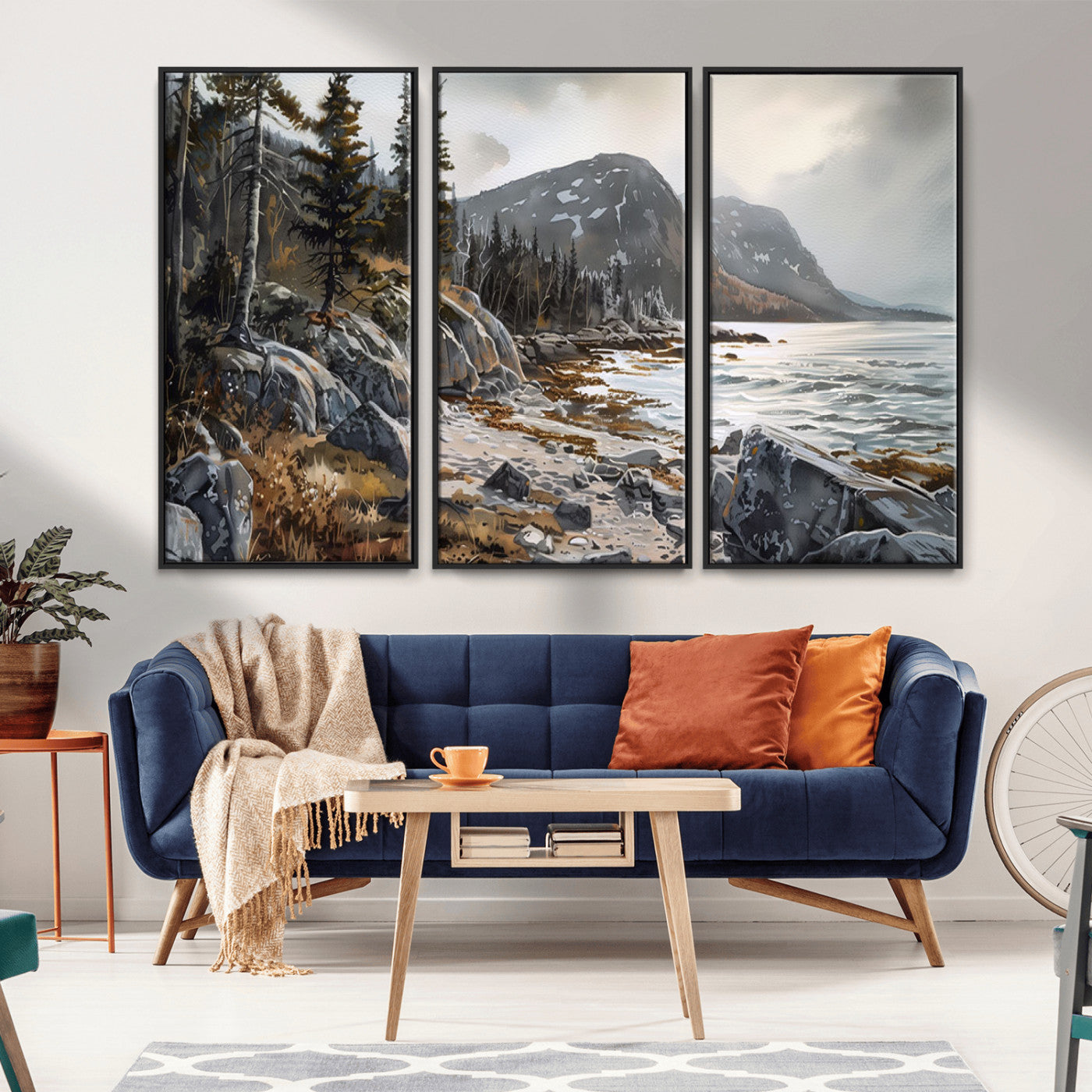 -Serene Coastal View of Acadia National Park - Stunning 3-Panel Wall Art Canvas Print, Framed, Ready
