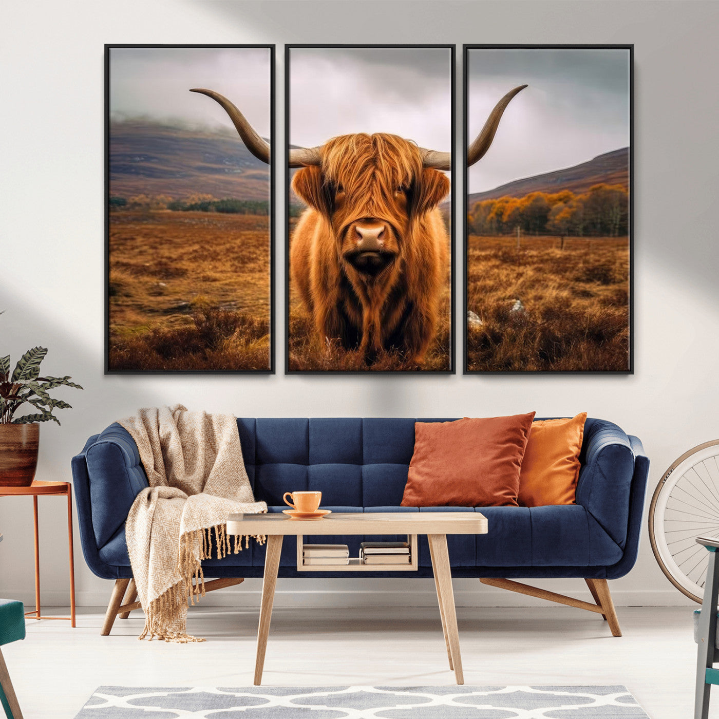 -Highland Cow Longhorn Wall Art – Rustic Canvas Print, Framed and Ready to Hang for Farmhouse Décor