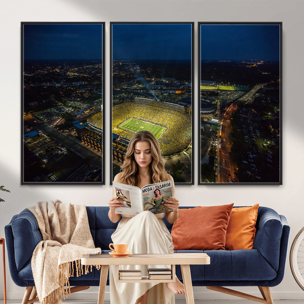 33588-MGV-CV-36X24 - Michigan Stadium Night Game Wall Art | Sports Arena Aerial View Canvas