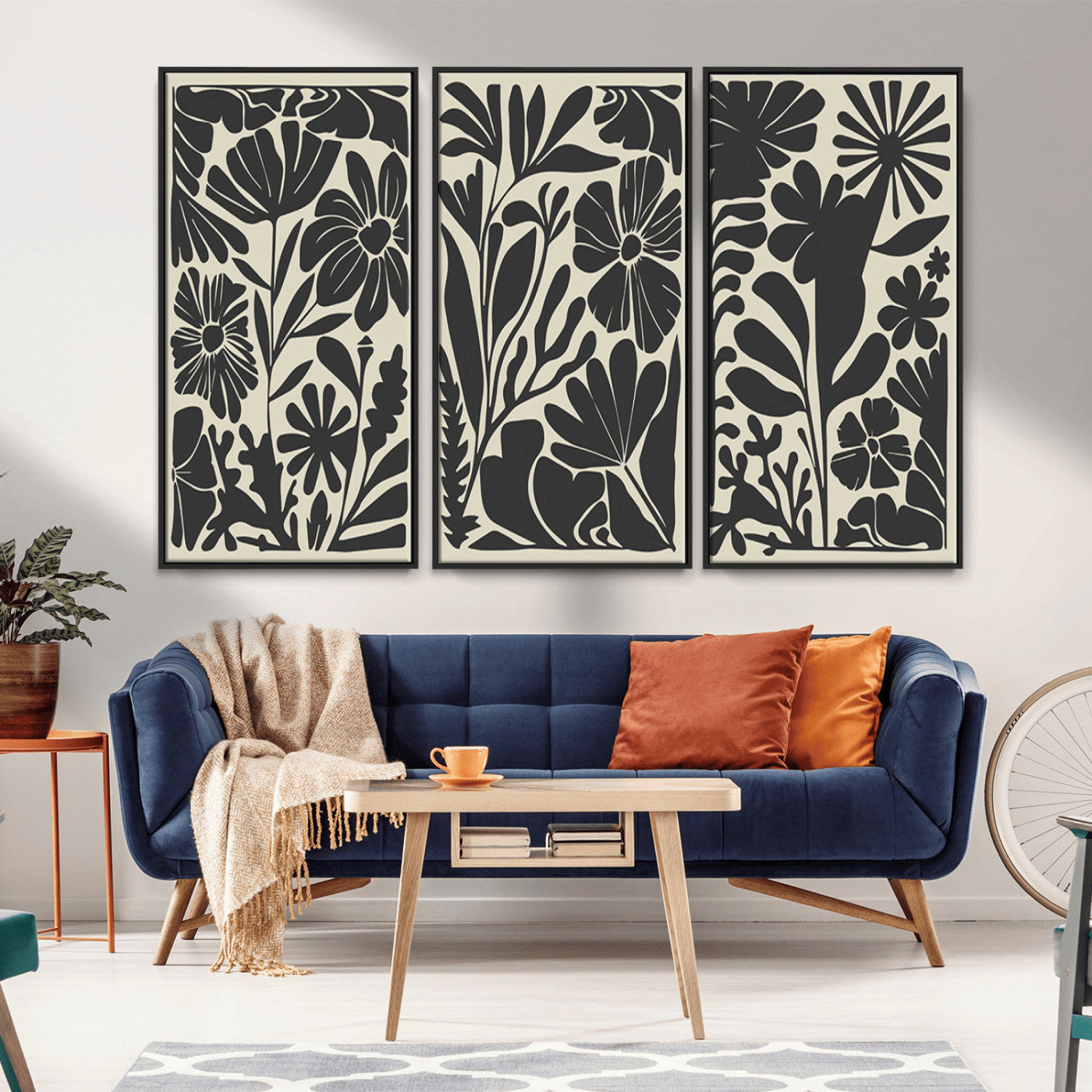 MGV-FC-48X32-3P - Modern Botanical Wall Art - Floral Black and White Canvas Print, Framed, Ready to Hang