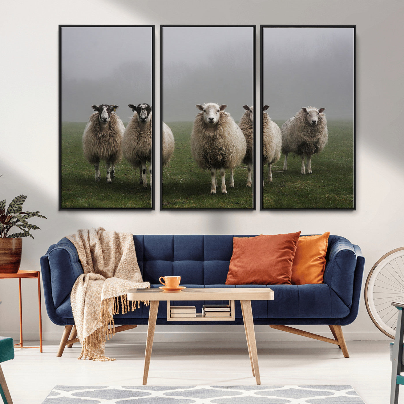 -Flock of Sheep in a Mystical Fog – Pastoral Wall Art Canvas Print, Framed, Ready to Hang