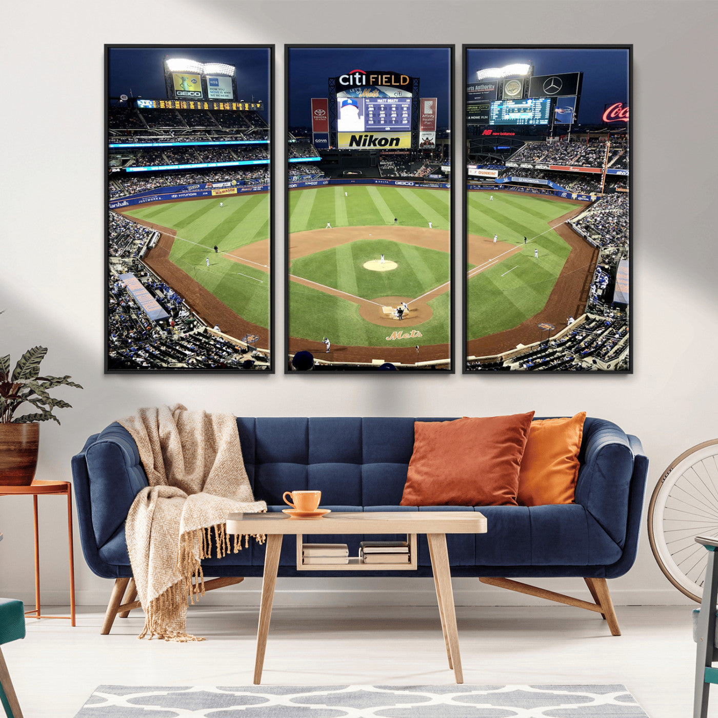 MGV-FC-48X32-3P - Citi Field Wall Art Print | 3-Panel New York Mets Baseball Stadium Canvas Print | Framed Sports Decor for Living Room, Man Cave, or Office Decor