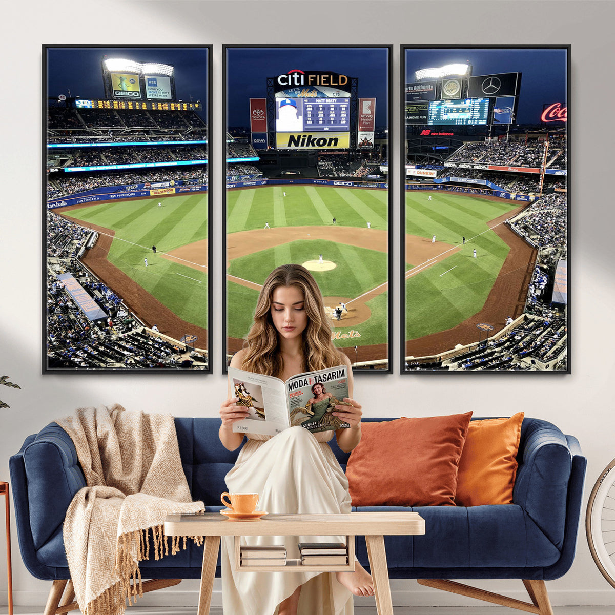 87666-MGV-CV-36X24 - Citi Field Wall Art Print | 3-Panel New York Mets Baseball Stadium Canvas Print | Framed Sports