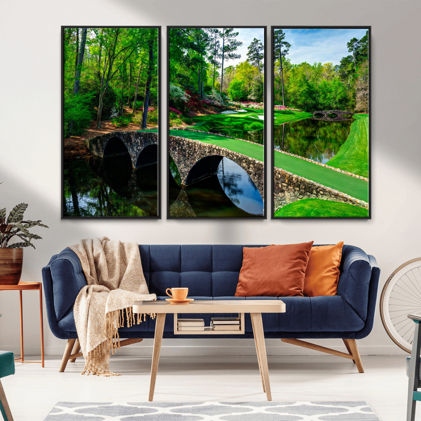 MGV-FC-48X32-3P - Augusta National Golf Club Wall Art - Panoramic Bridge & Lush Greenery – Premium Framed, Ready-to-Hang Triptych Canvas