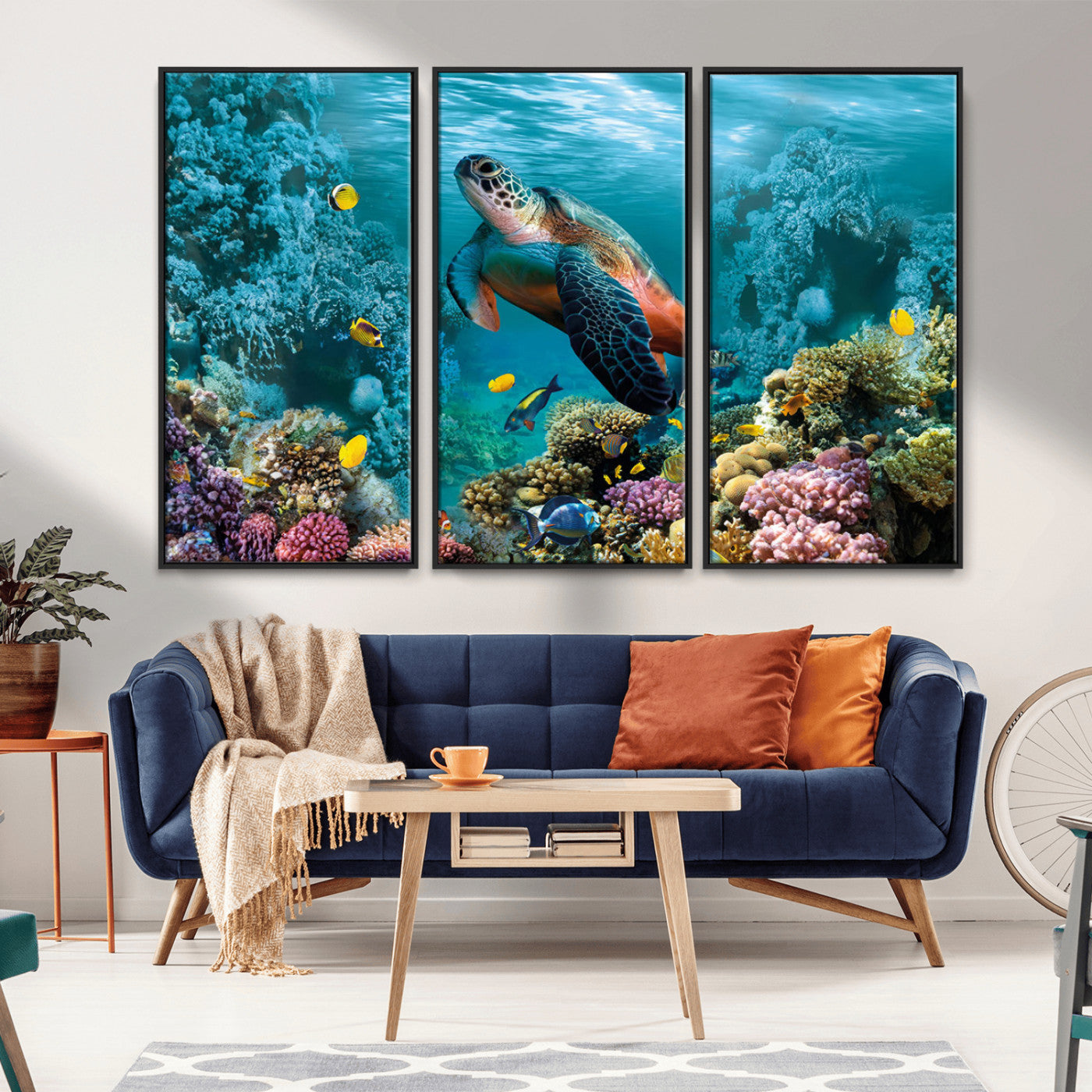 MGV-FC-48X32-3P - Sea Turtle and Coral Reef Triptych Wall Art – Vibrant Underwater Scene Canvas Set for Ocean Lovers and Coastal Decor – Ready to Hang 3-Panel Artwork