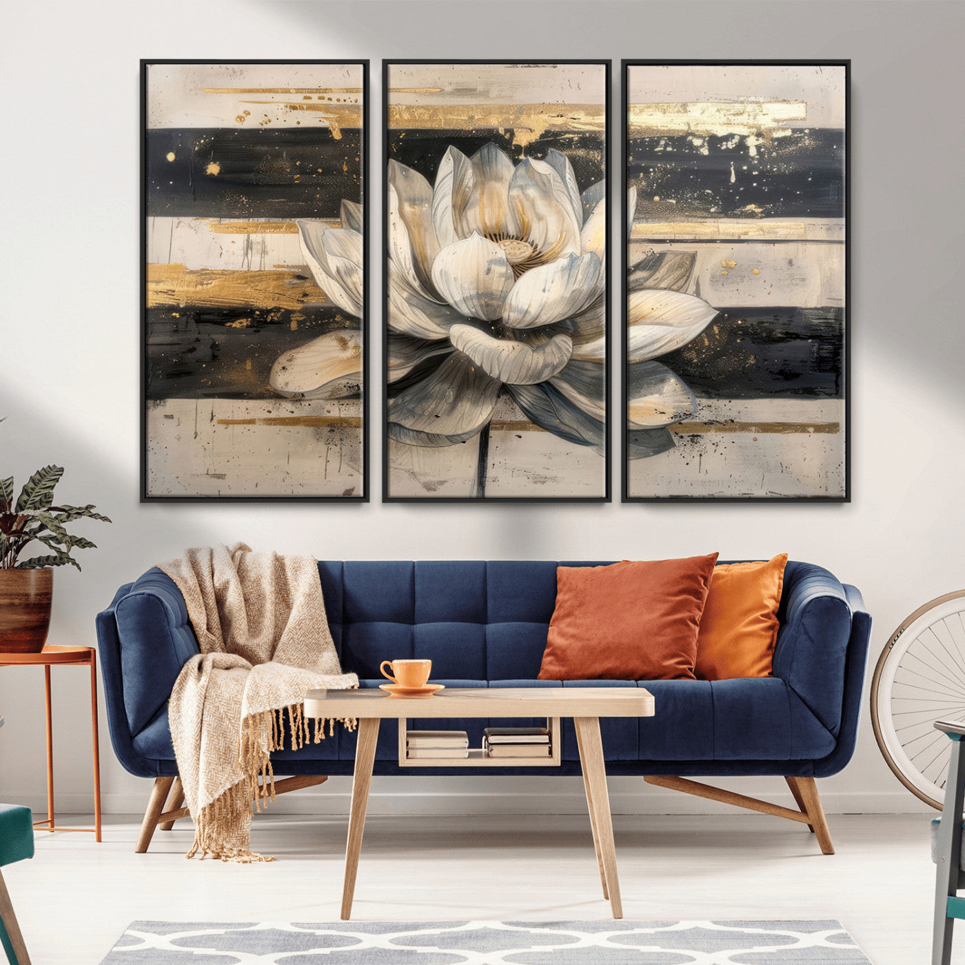 MGV-FC-48X32-3P - Lotus Flower Wall Art Canvas Print, Framed Abstract Lotus Art Picture Print, White Lotus Flower Perfect Abstract Floral Decor Artwork