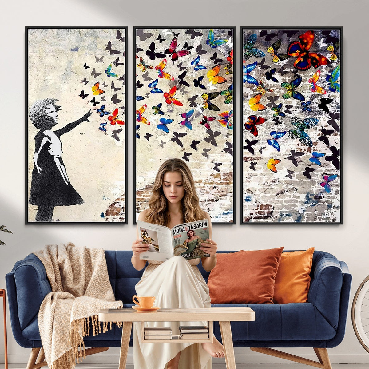 97895-MGV-CV-24X16 - Banksy Graffiti Wall Art Canvas Print, Girl Releasing Vibrant Butterflies