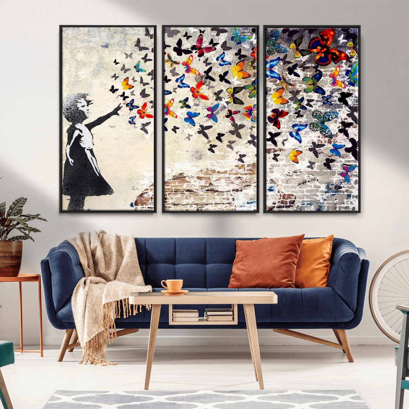 MGV-FC-48X32-3P - Banksy Graffiti Wall Art Canvas Print: Girl Releasing Vibrant Butterflies – Ready to Hang