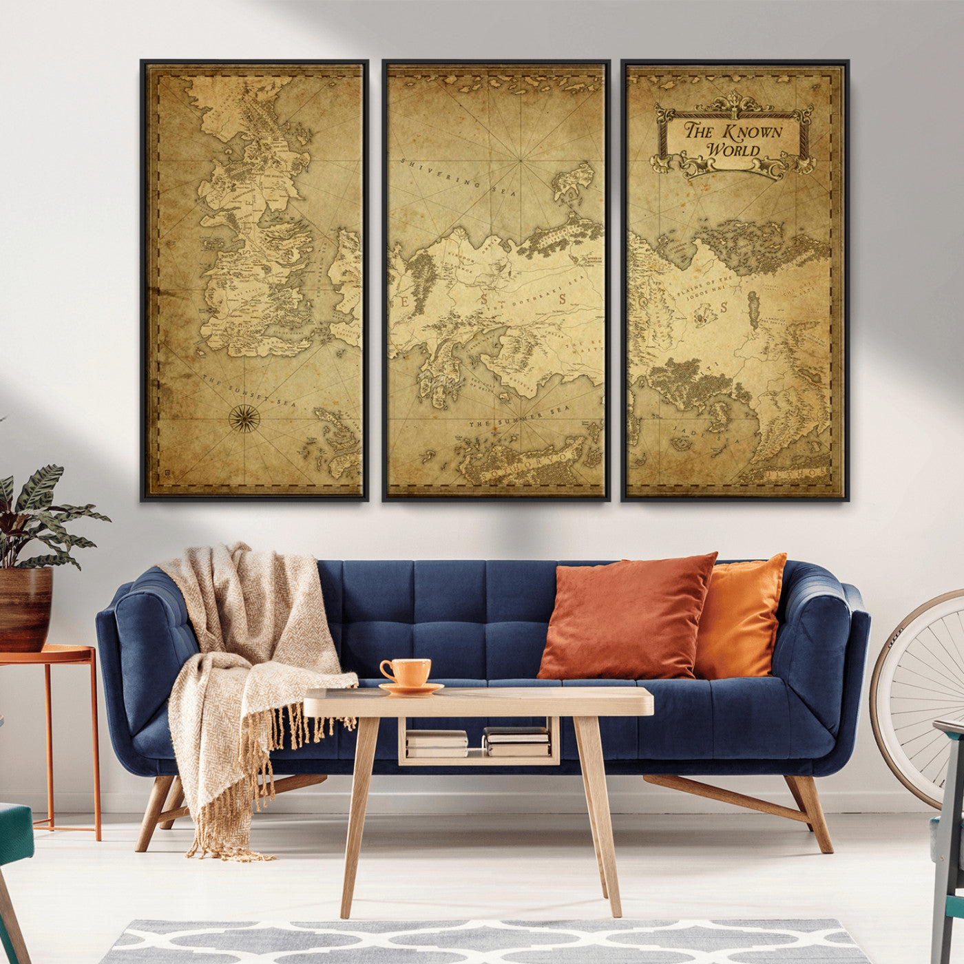 MGV-FC-48X32-3P - Vintage Game of Thrones Map Wall Art | Westeros and Essos Antique Style Print | The Known World in Triptych Canvas | Giclee Canvas for Fantasy Lovers