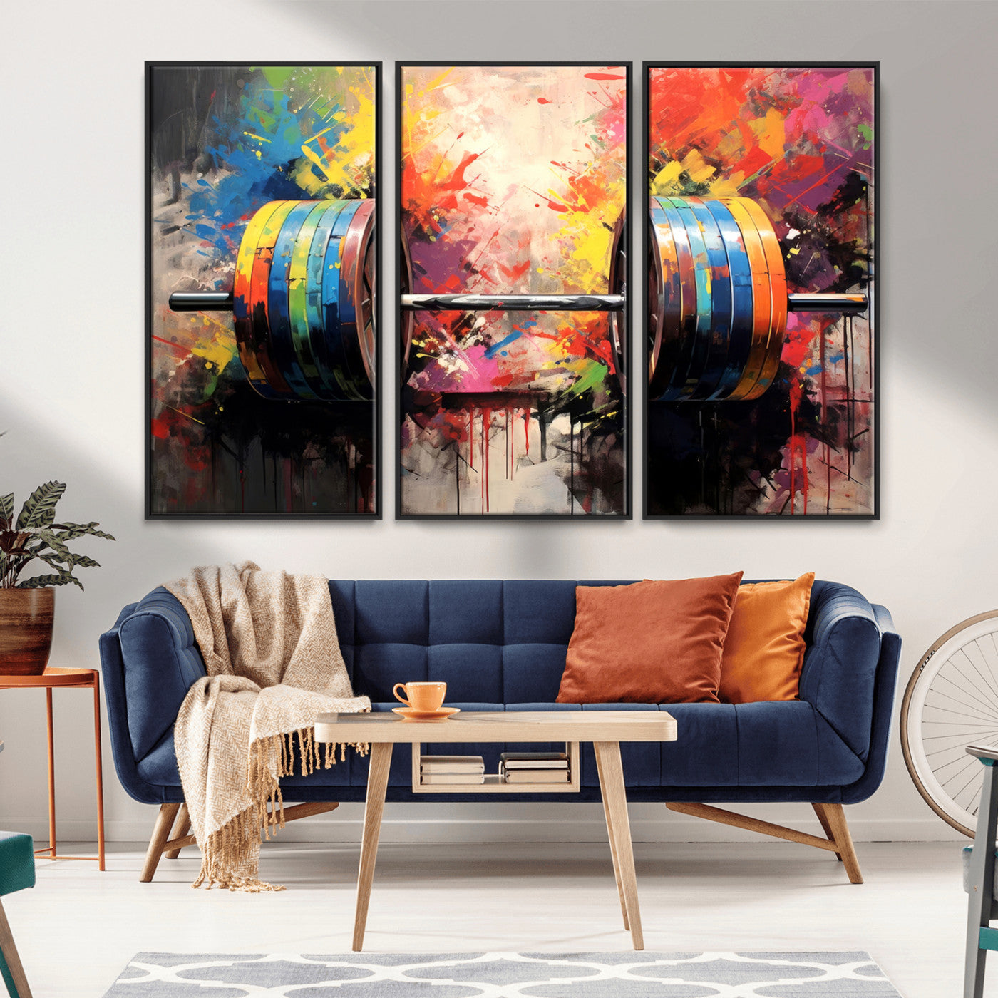 MGV-FC-48X32-3P - Weightlifting Barbell Art Triptych, Bold Abstract Fitness Wall Decor for Gym or Home, Giclee Canvas Print